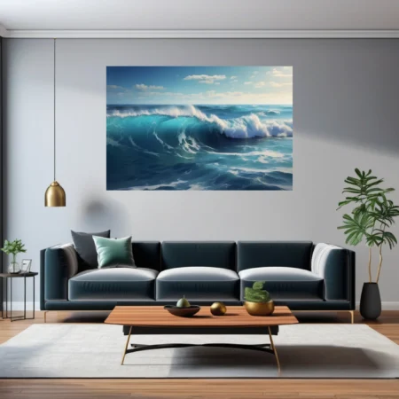 Turquoise ocean wave cresting with white foam under blue sky