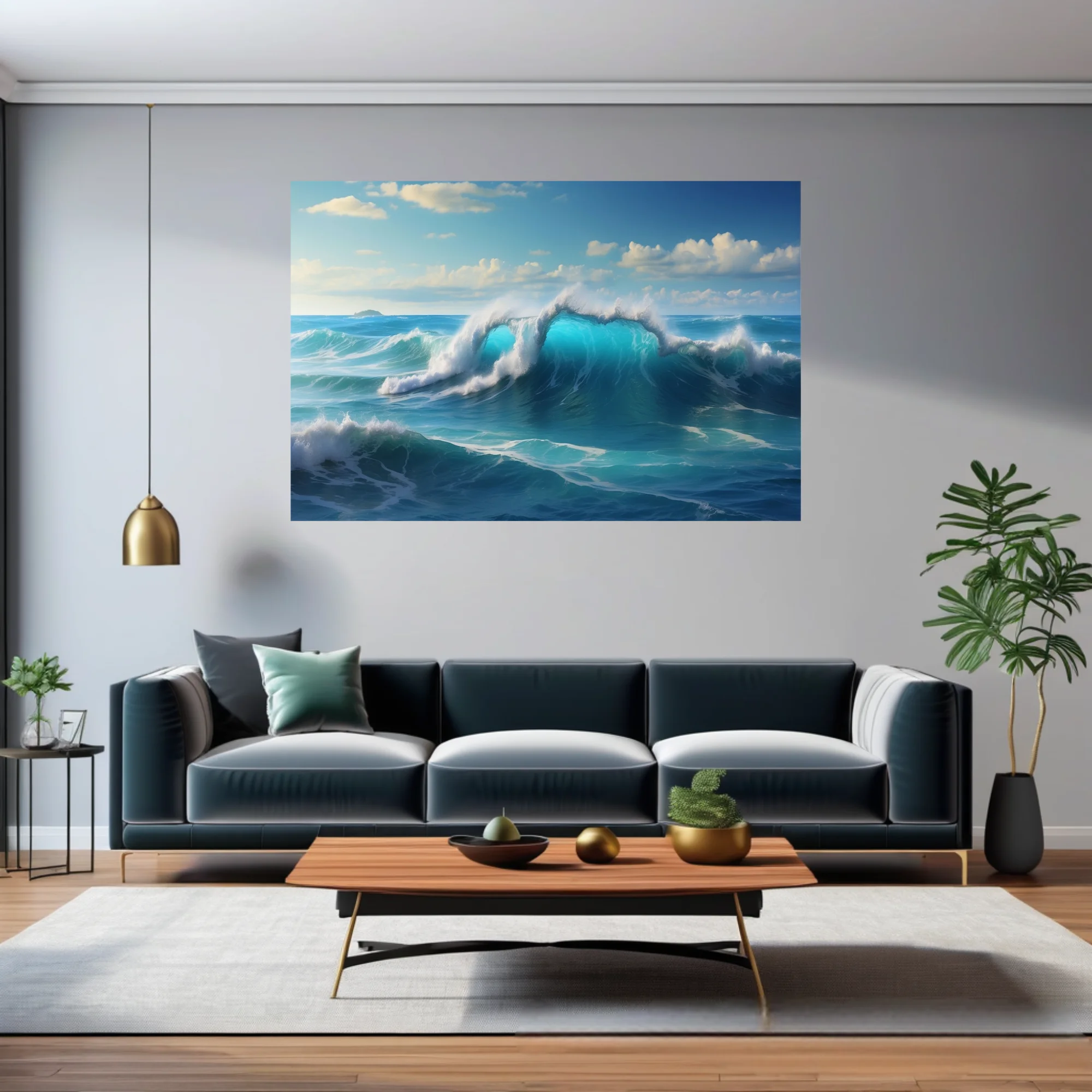 Turquoise ocean waves crashing under a bright blue sky