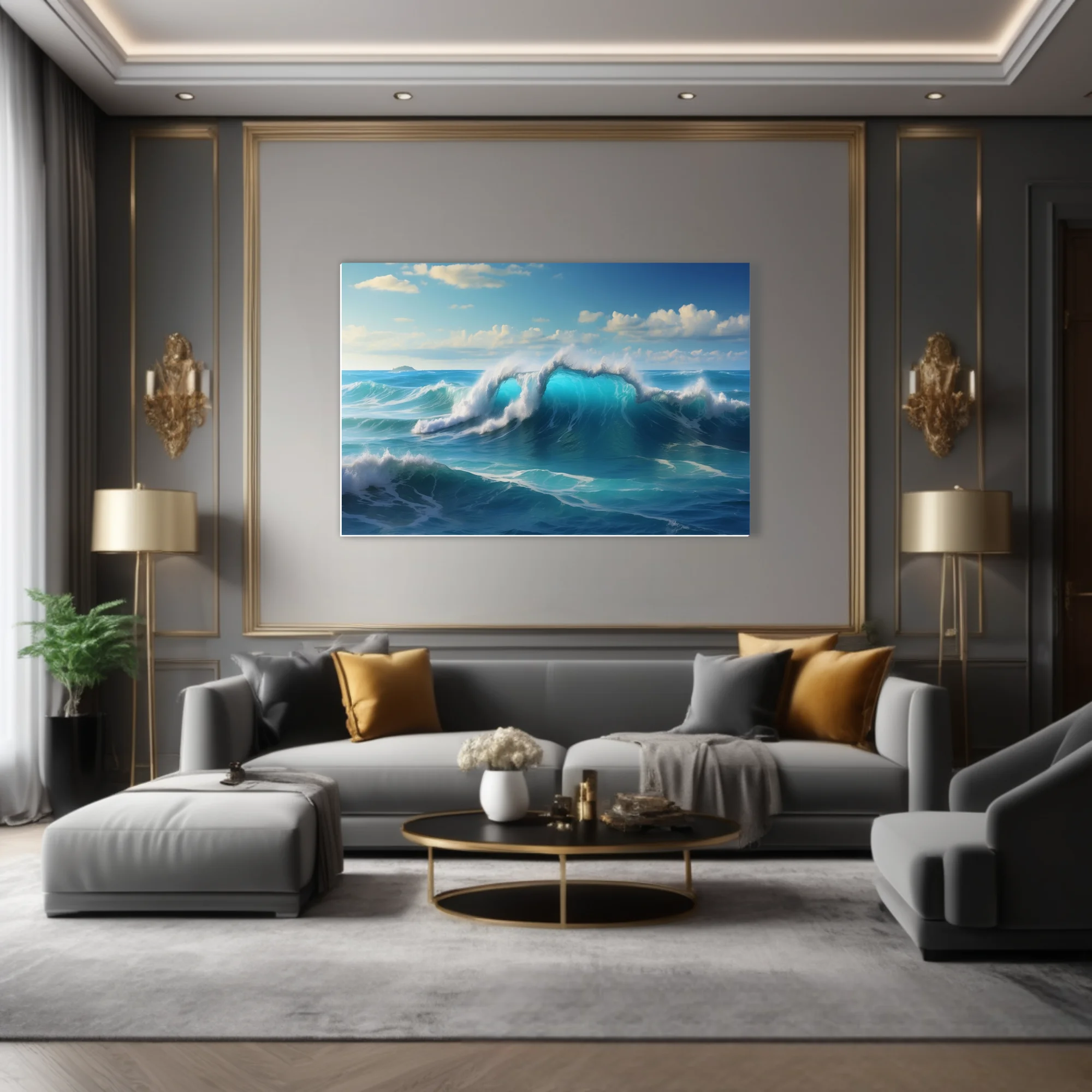 Turquoise ocean waves crashing under a bright blue sky