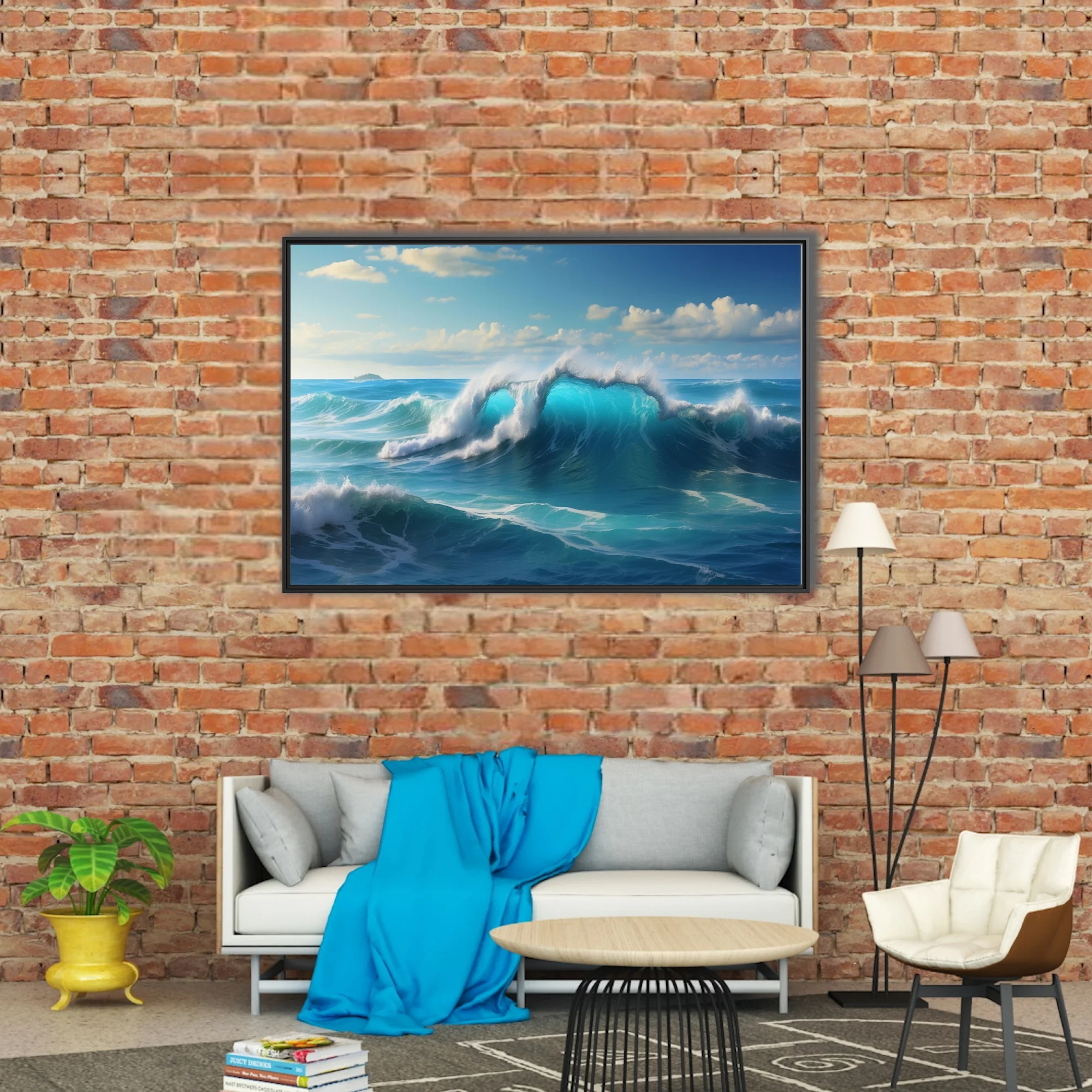 Turquoise ocean waves crashing under a bright blue sky