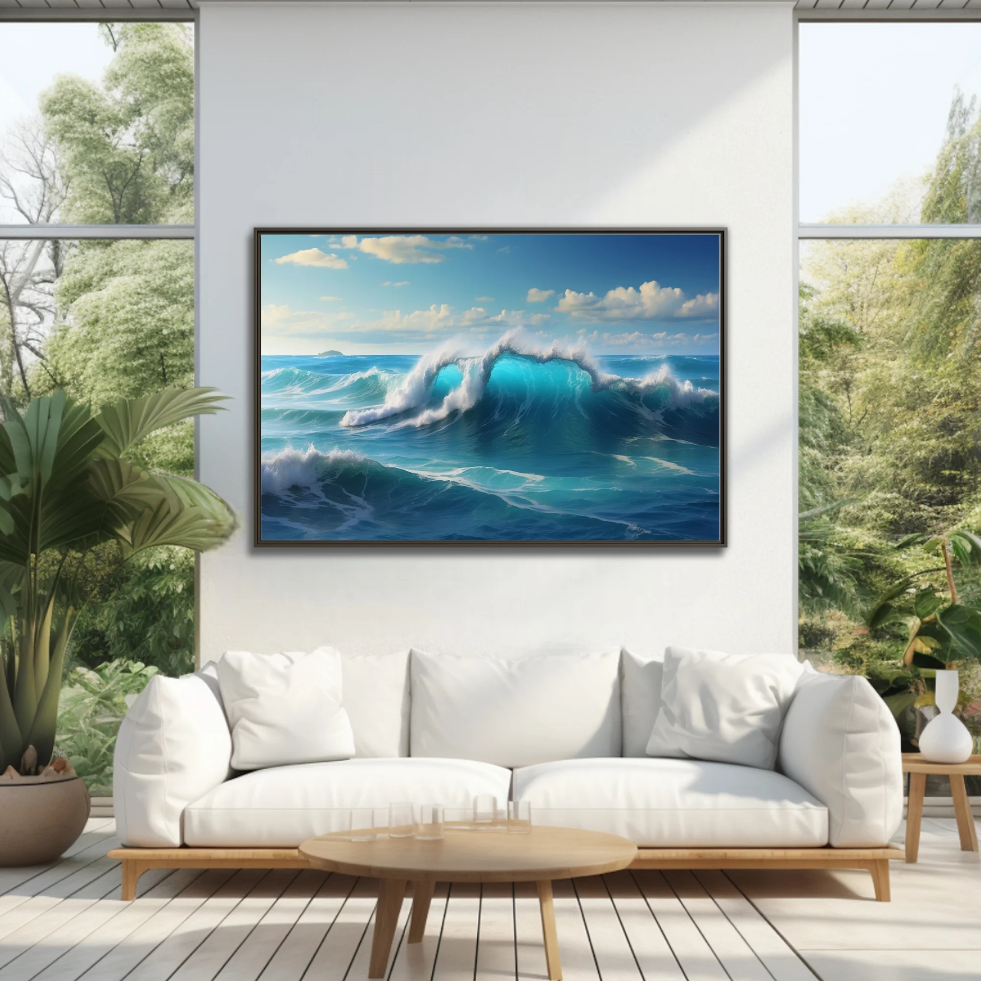Turquoise ocean waves crashing under a bright blue sky