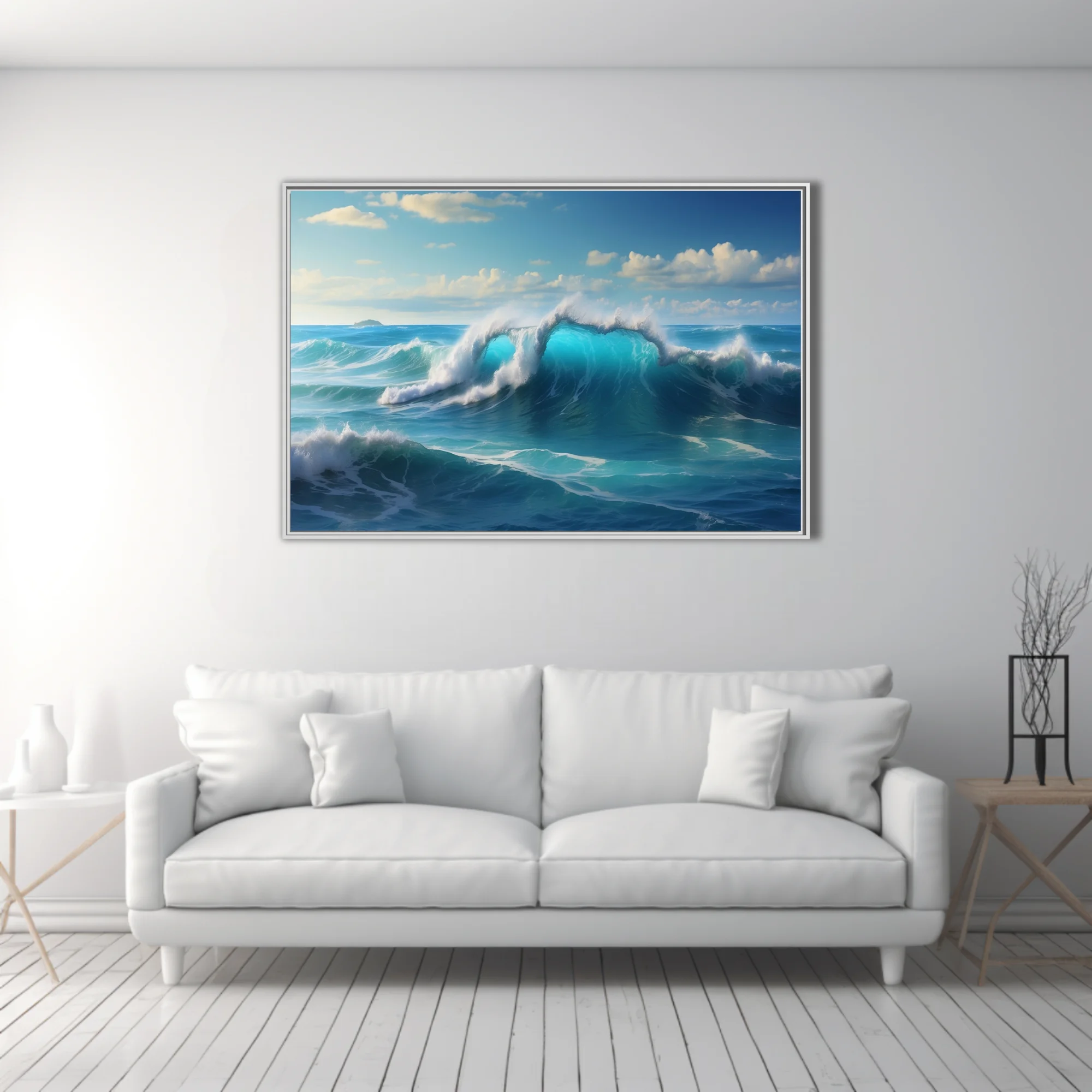 Turquoise ocean waves crashing under a bright blue sky