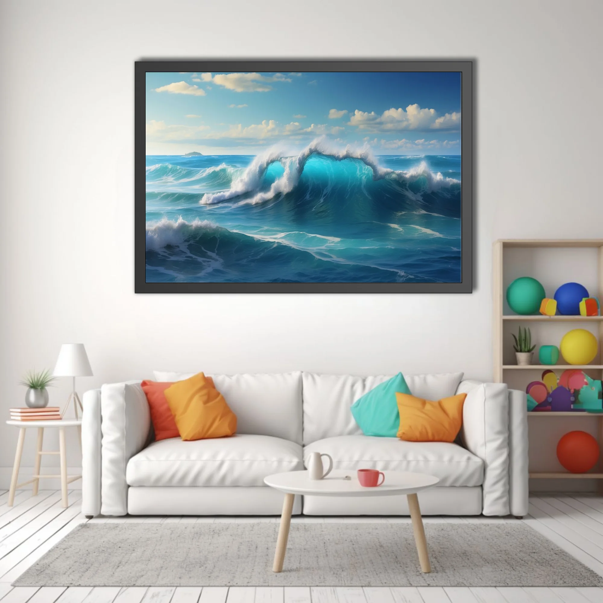 Turquoise ocean waves crashing under a bright blue sky
