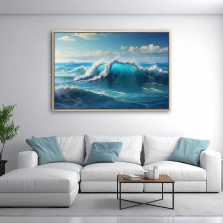 Turquoise ocean waves crashing under a bright blue sky