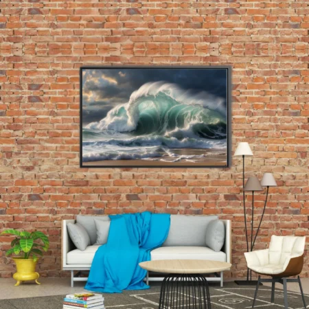 Stormy ocean wave in teal and emerald crashing on sandy shore