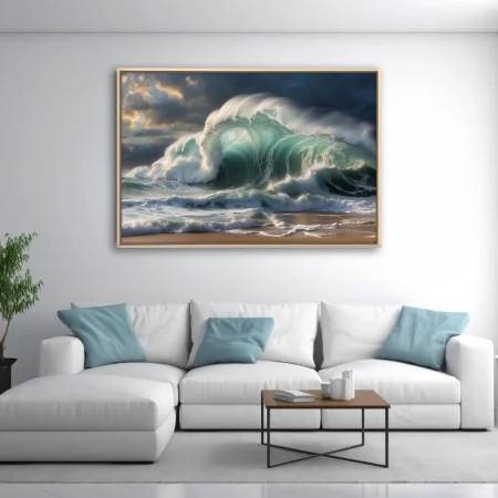 Stormy ocean wave in teal and emerald crashing on sandy shore