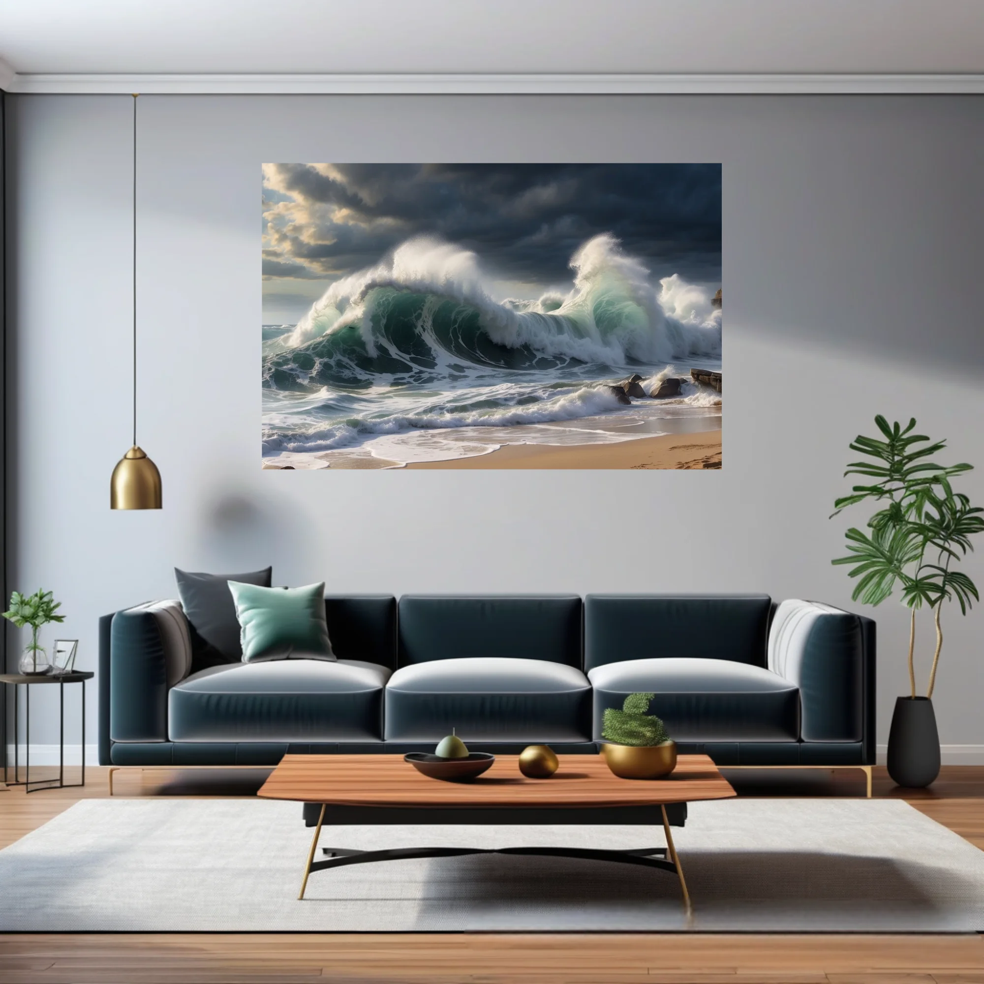 Dramatic storm waves crashing on sandy beach, deep teal ocean, dark stormy sky