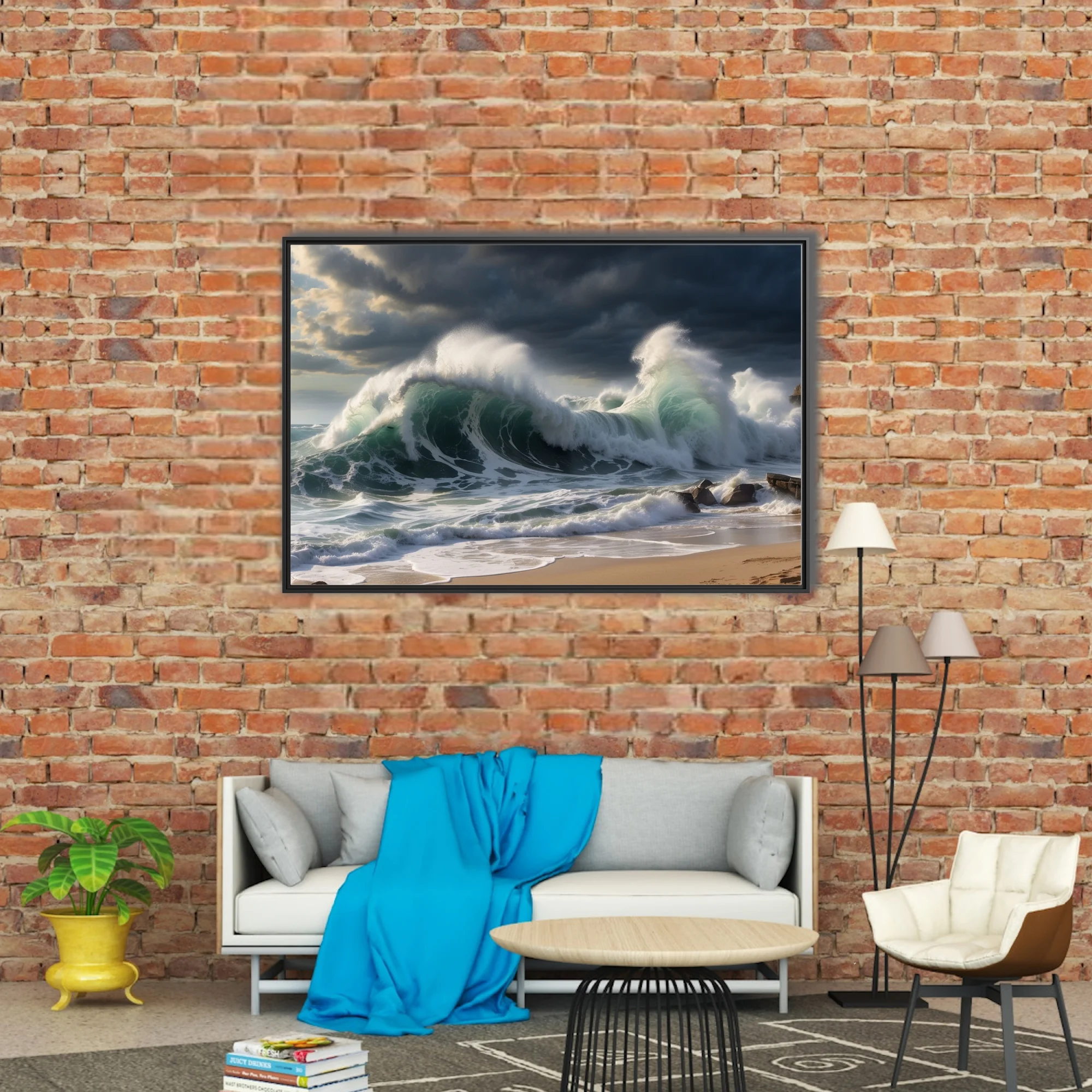 Dramatic storm waves crashing on sandy beach, deep teal ocean, dark stormy sky