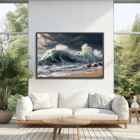 Dramatic storm waves crashing on sandy beach, deep teal ocean, dark stormy sky