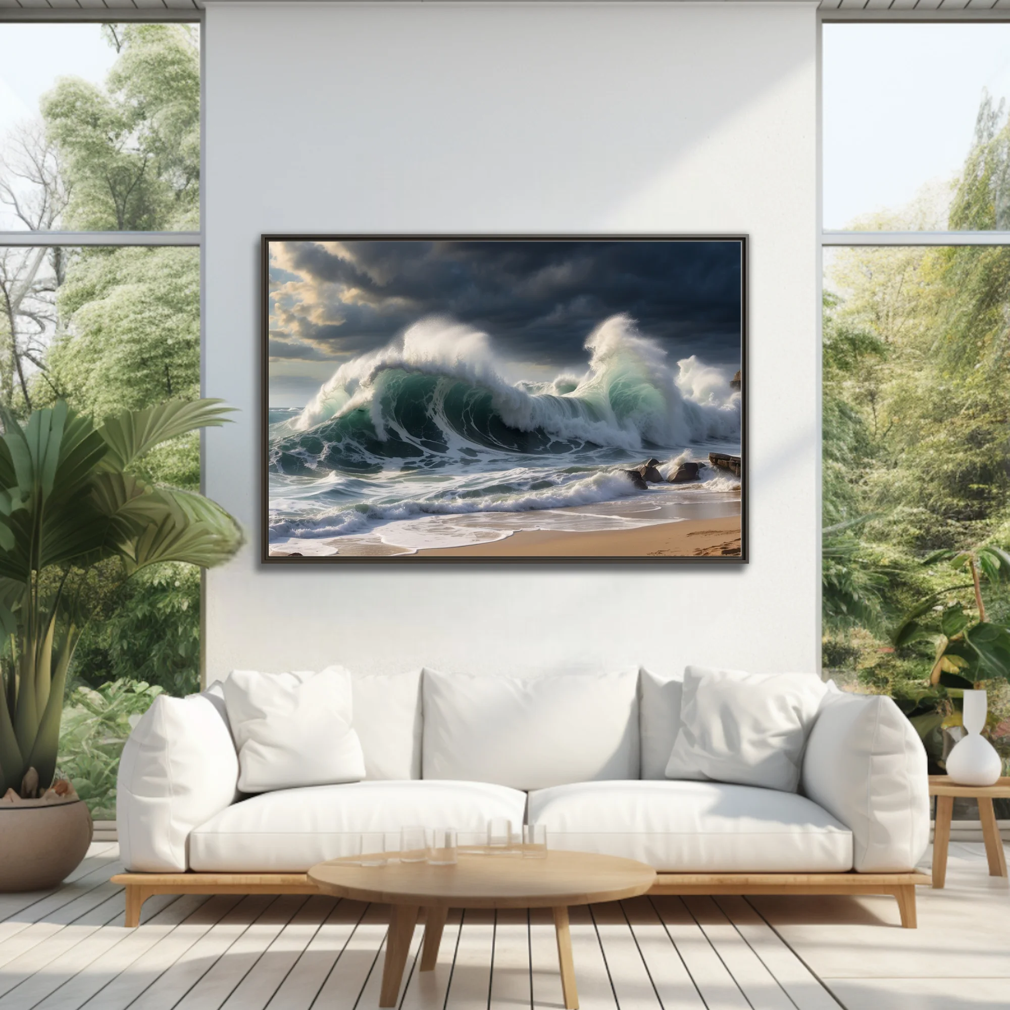 Dramatic storm waves crashing on sandy beach, deep teal ocean, dark stormy sky