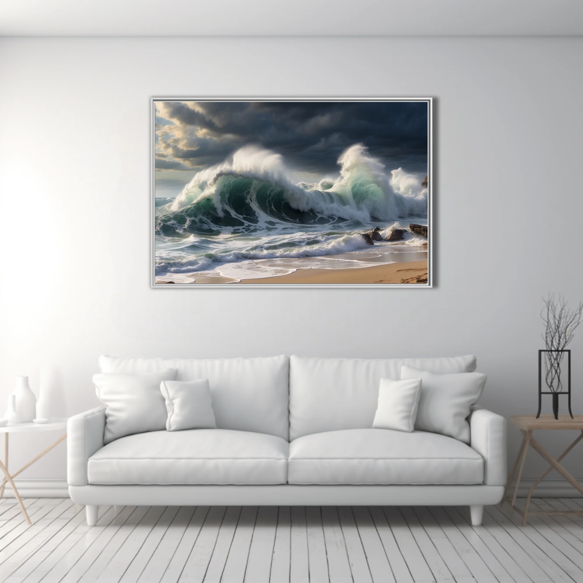 Dramatic storm waves crashing on sandy beach, deep teal ocean, dark stormy sky