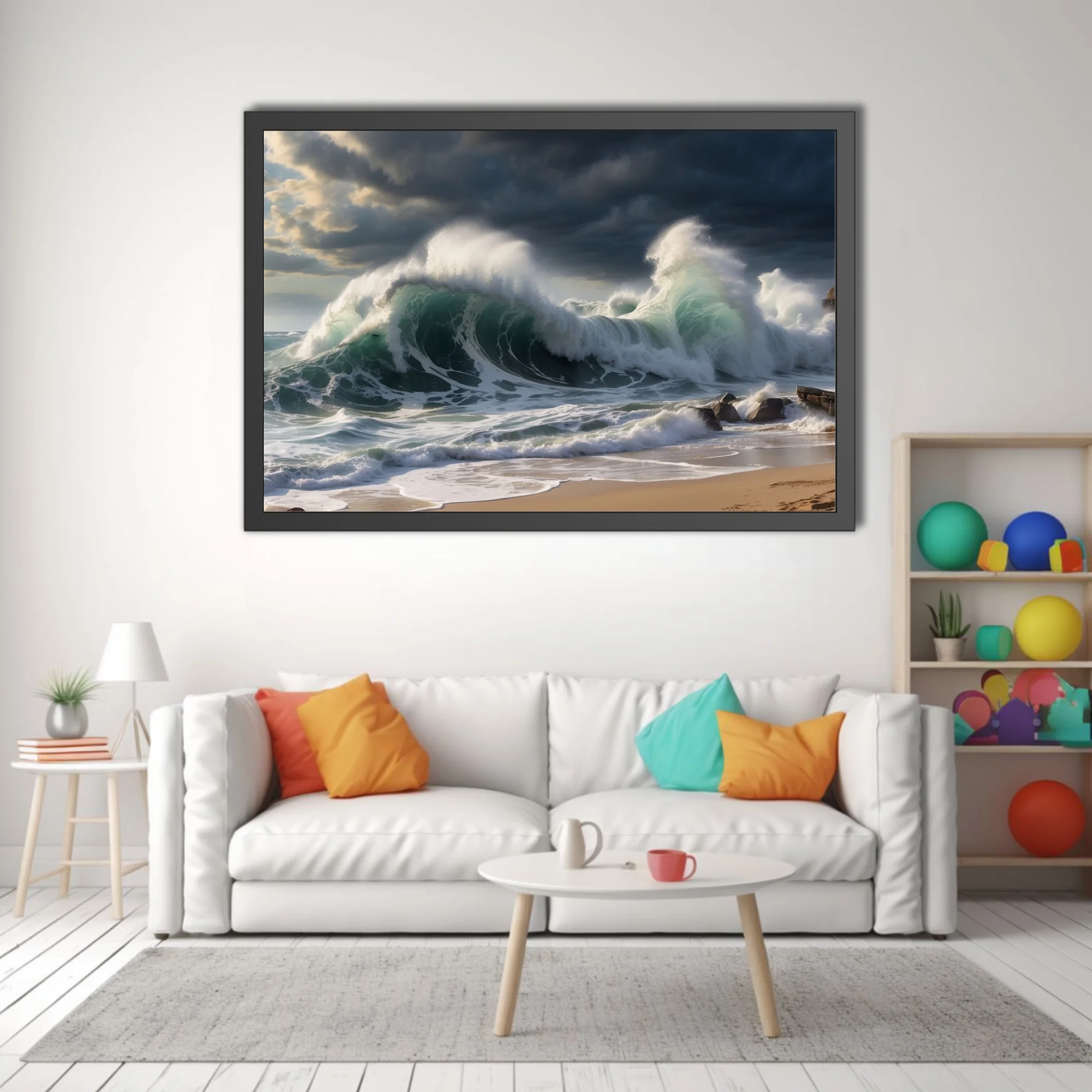Dramatic storm waves crashing on sandy beach, deep teal ocean, dark stormy sky