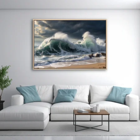 Dramatic storm waves crashing on sandy beach, deep teal ocean, dark stormy sky