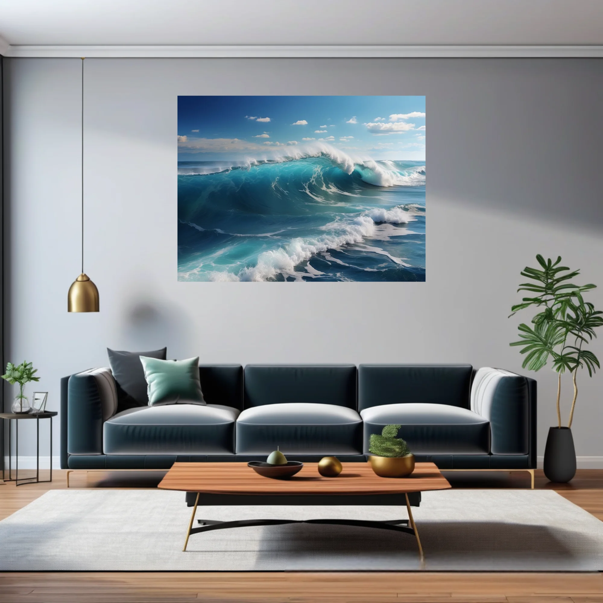 Ocean wave art — turquoise breaking surf, white foam, blue sky