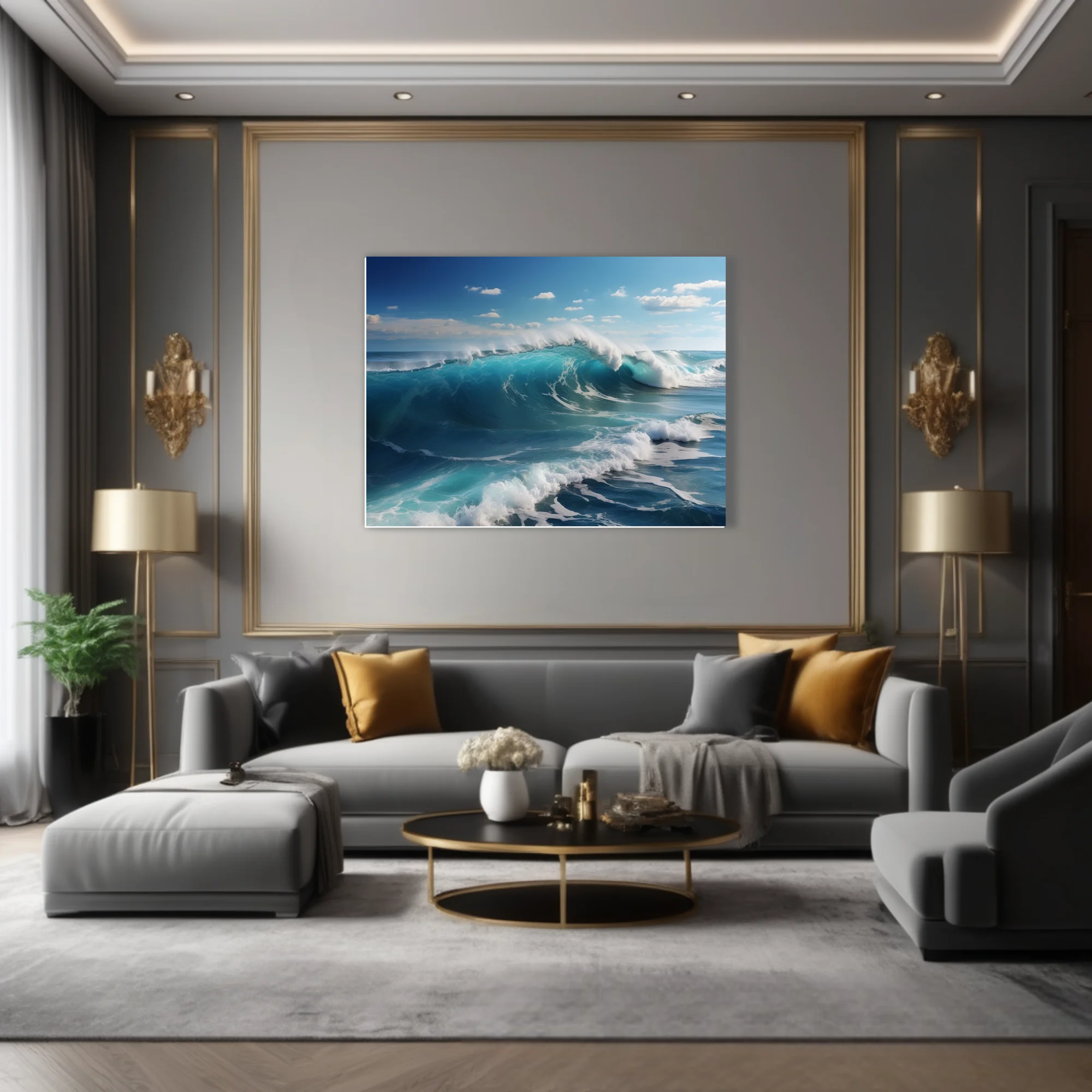 Ocean wave art — turquoise breaking surf, white foam, blue sky