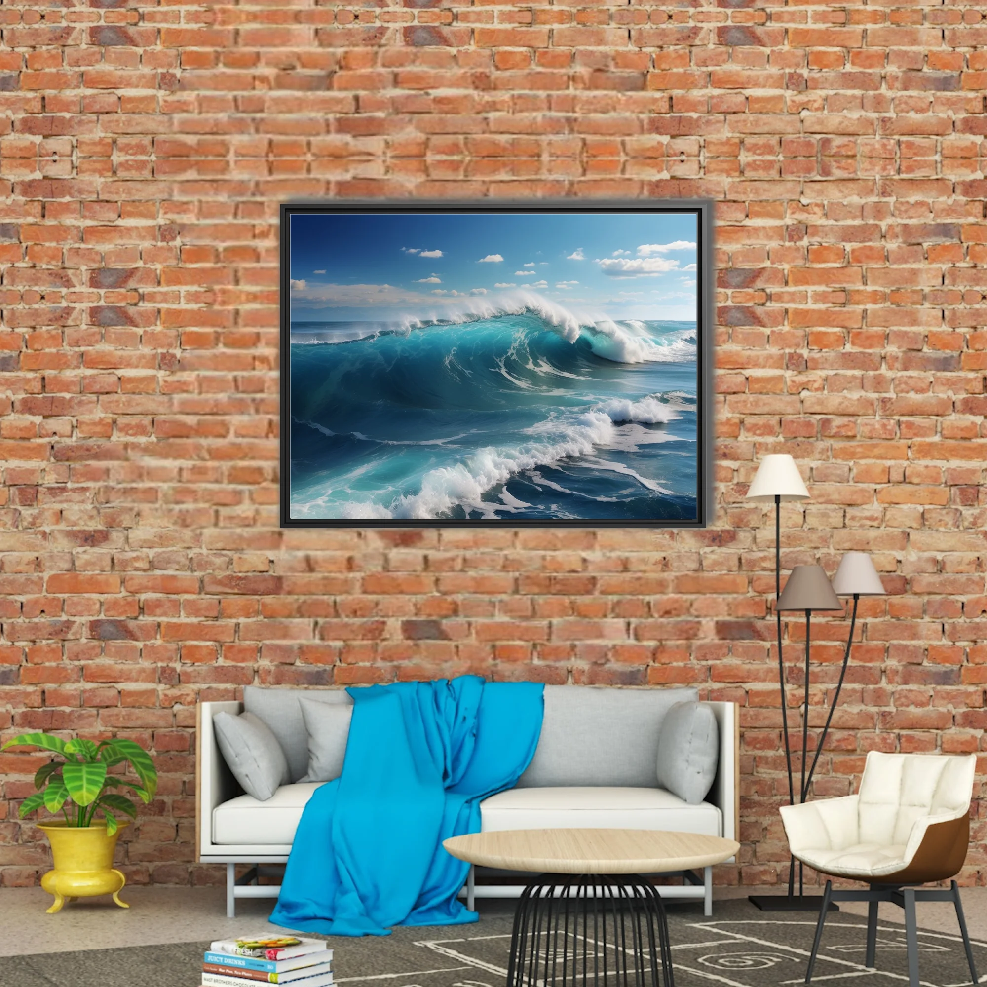 Ocean wave art — turquoise breaking surf, white foam, blue sky