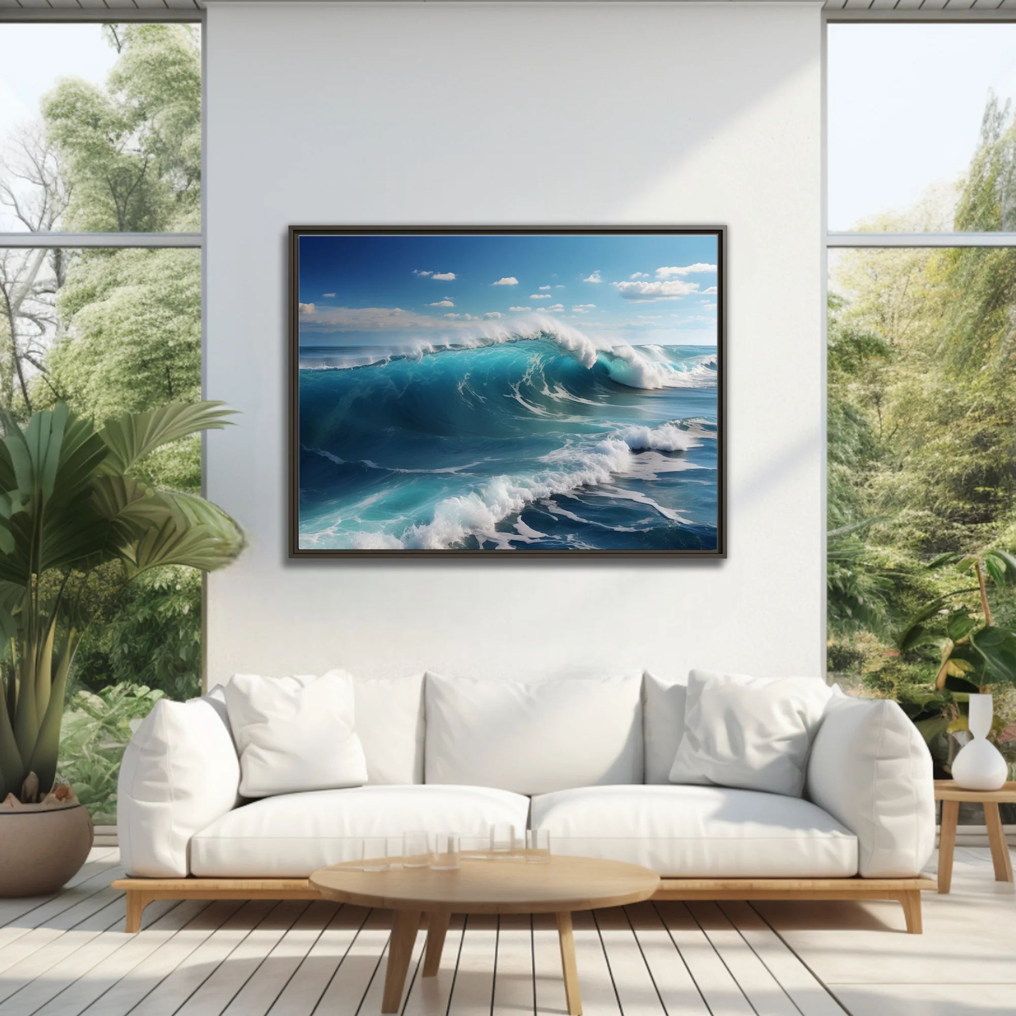 Ocean wave art — turquoise breaking surf, white foam, blue sky