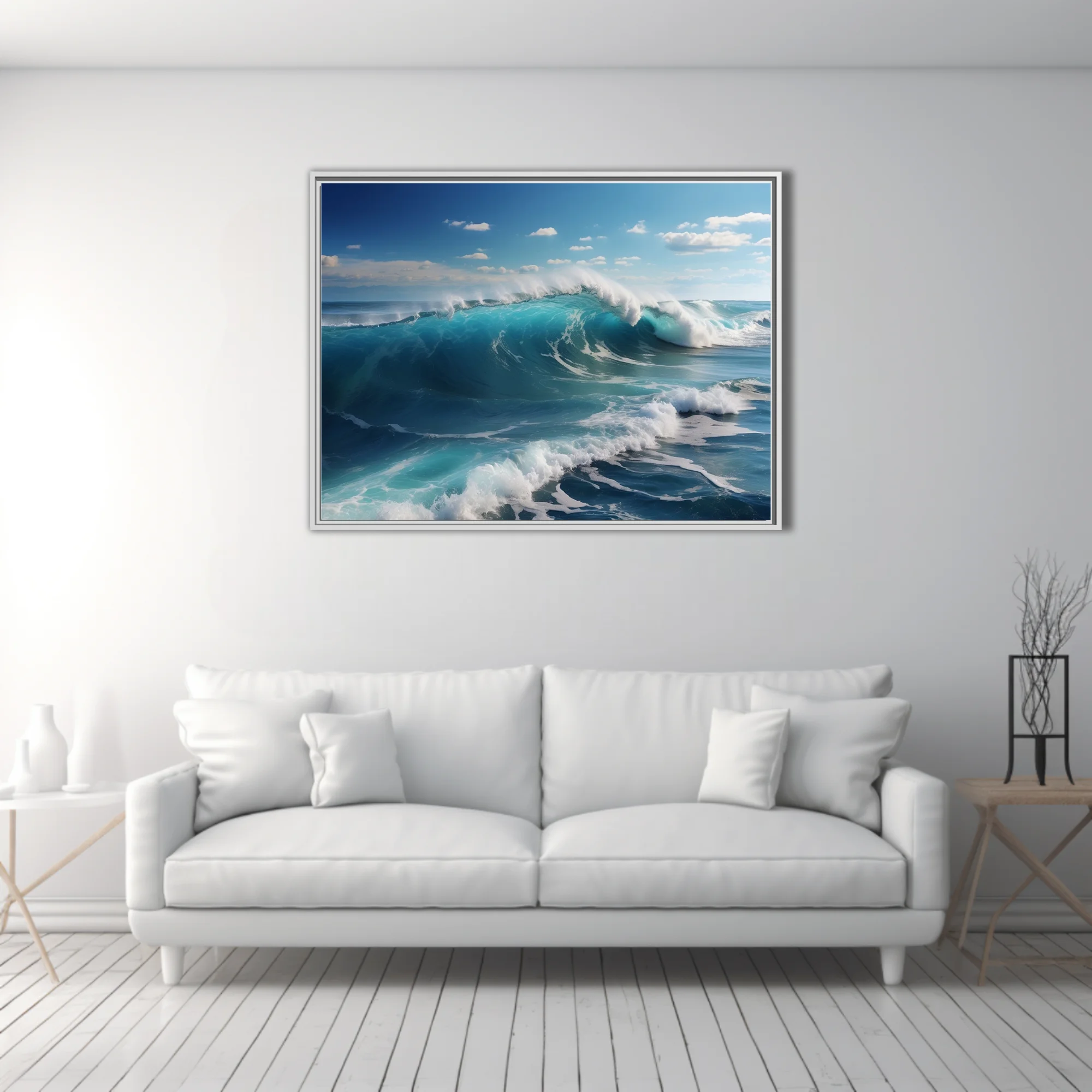 Ocean wave art — turquoise breaking surf, white foam, blue sky