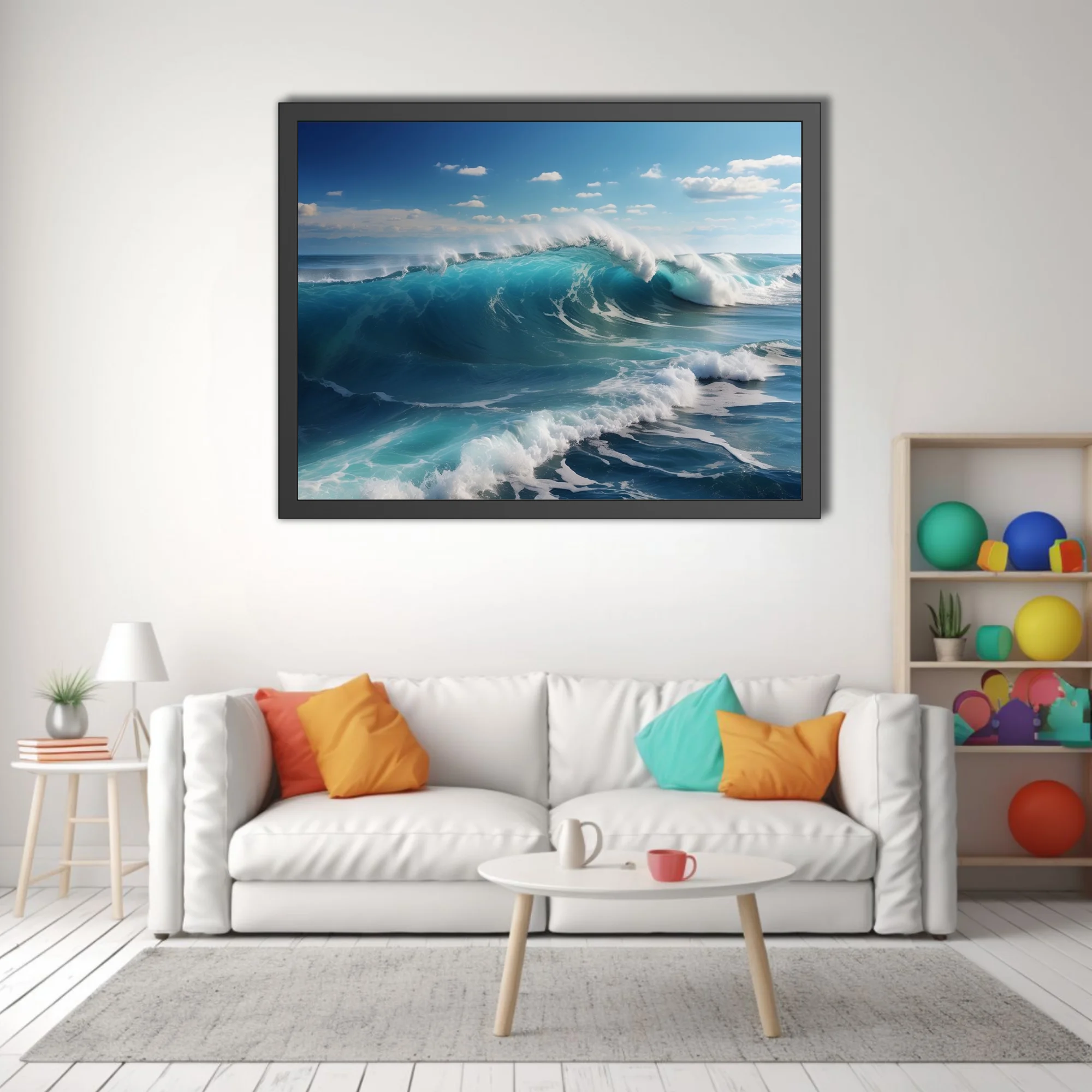 Ocean wave art — turquoise breaking surf, white foam, blue sky