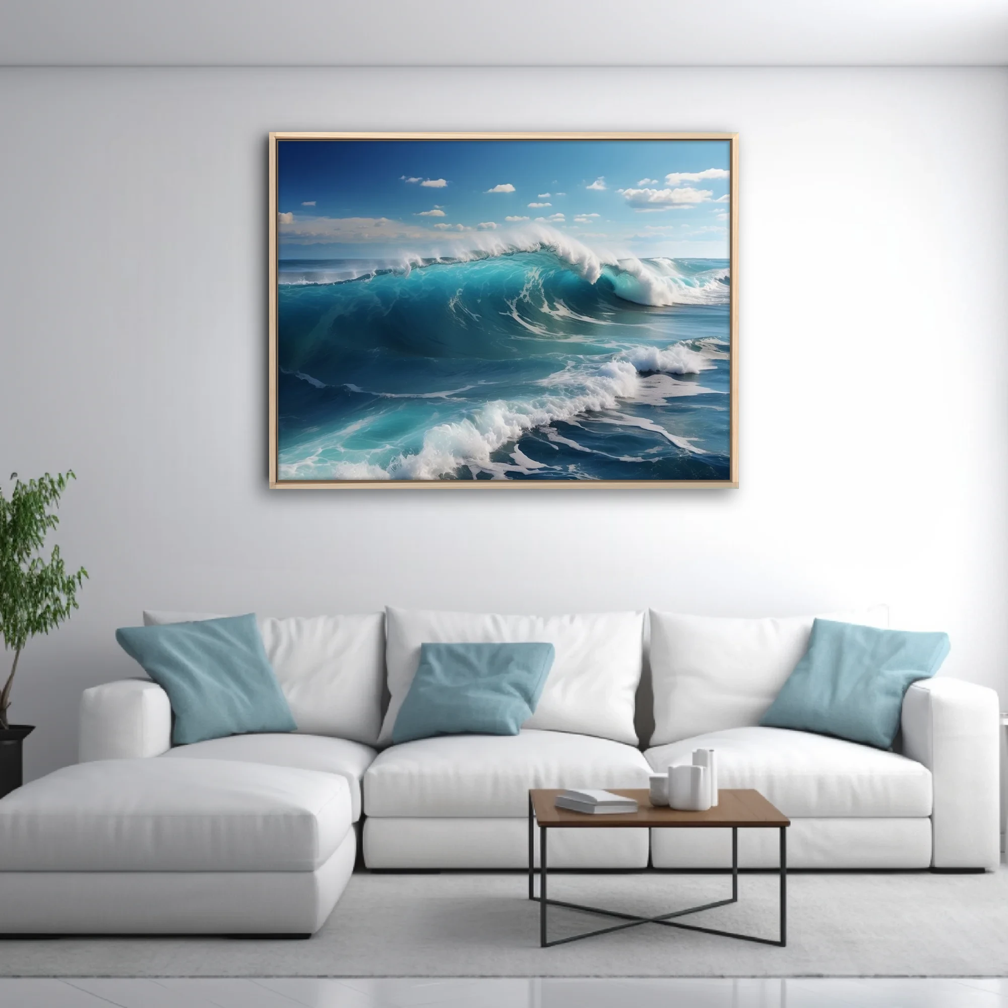 Ocean wave art — turquoise breaking surf, white foam, blue sky