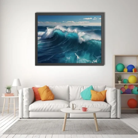 Crashing ocean waves in deep teal and cobalt under a blue sky