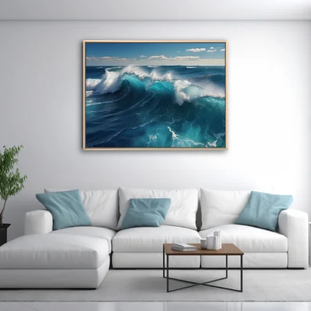 Crashing ocean waves in deep teal and cobalt under a blue sky
