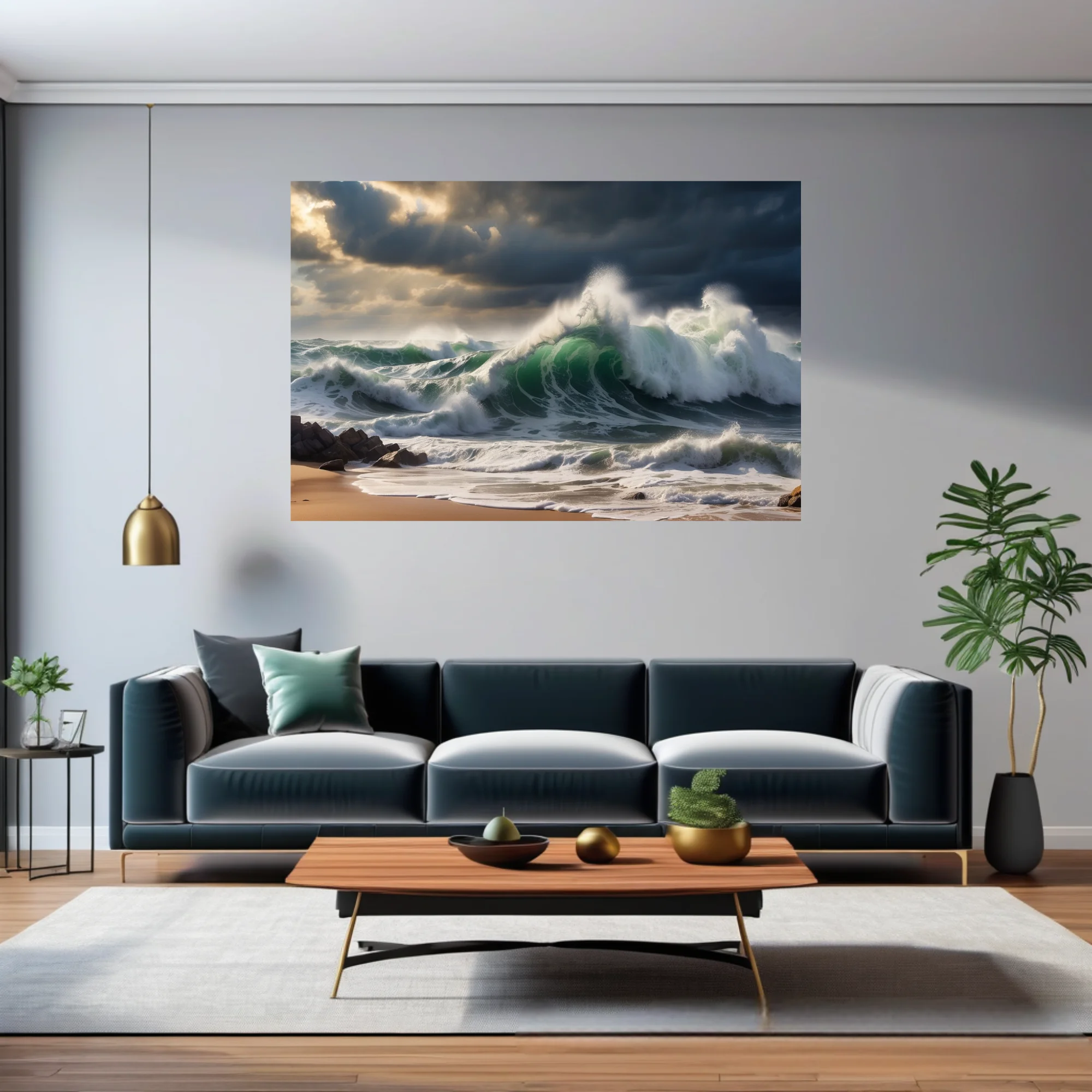 Dramatic stormy ocean waves in deep green and white crashing on sandy shore