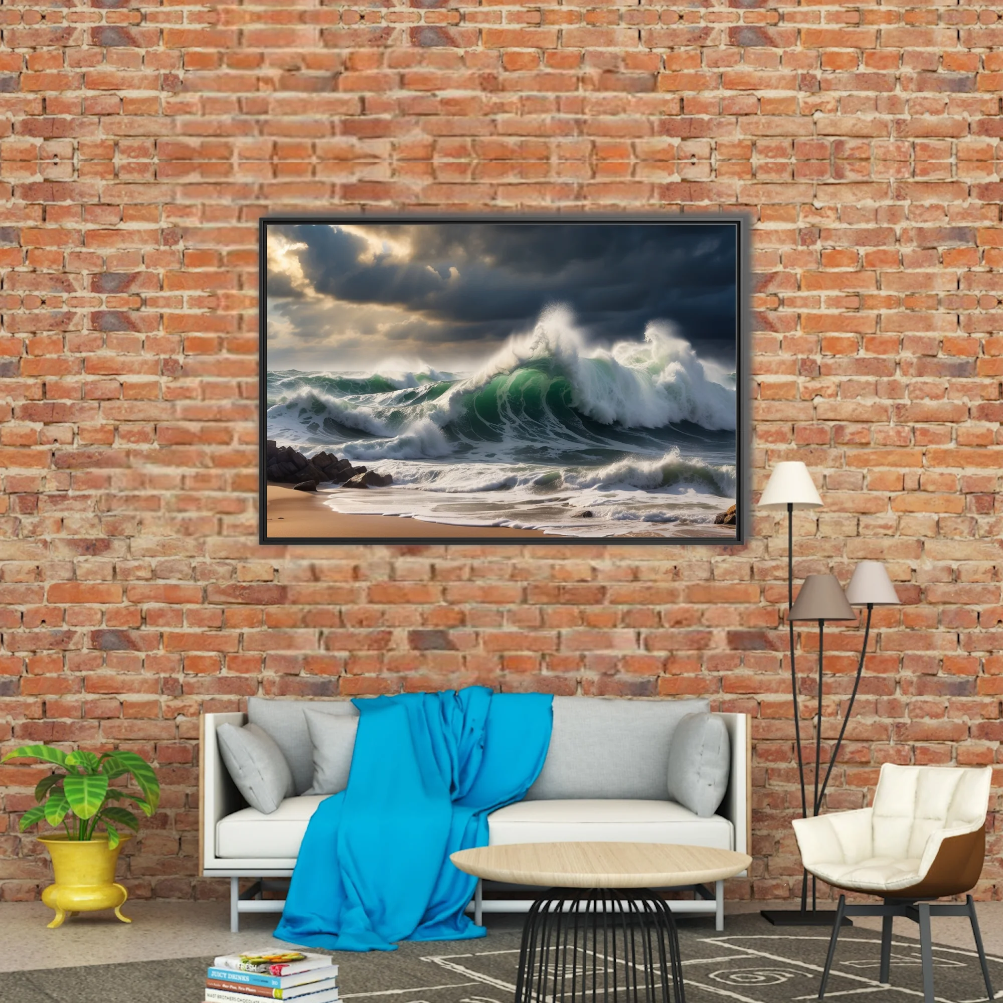 Dramatic stormy ocean waves in deep green and white crashing on sandy shore