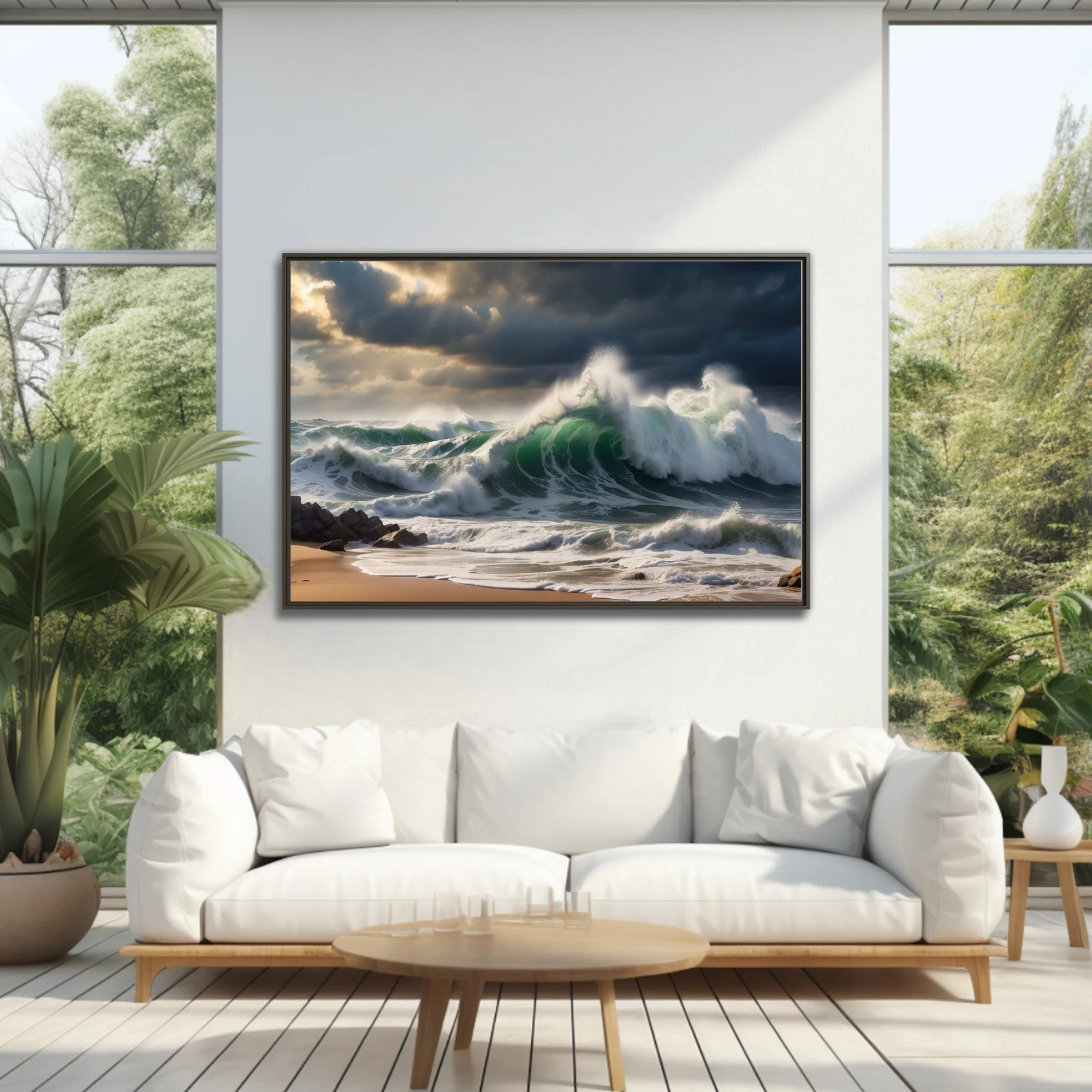Dramatic stormy ocean waves in deep green and white crashing on sandy shore