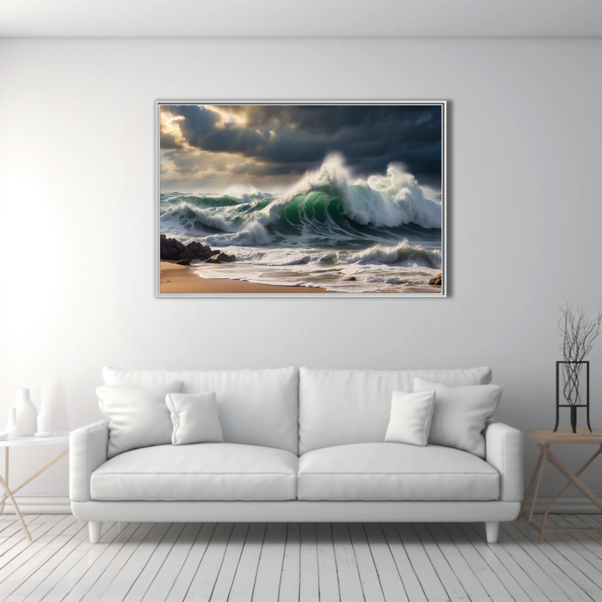 Dramatic stormy ocean waves in deep green and white crashing on sandy shore