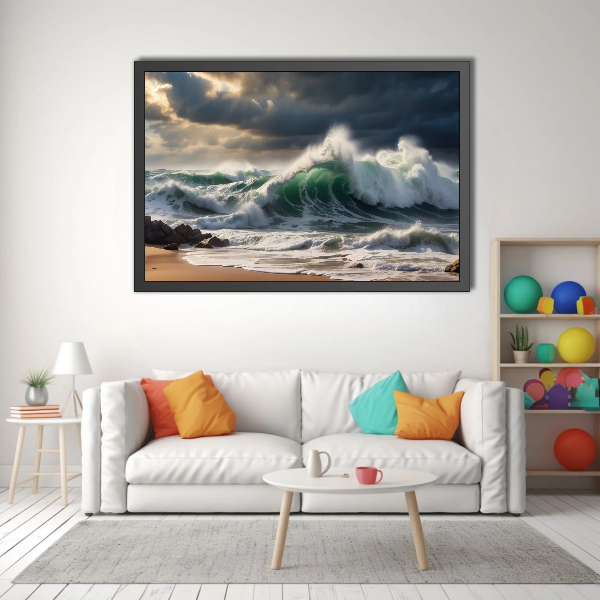 Dramatic stormy ocean waves in deep green and white crashing on sandy shore