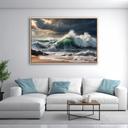 Dramatic stormy ocean waves in deep green and white crashing on sandy shore