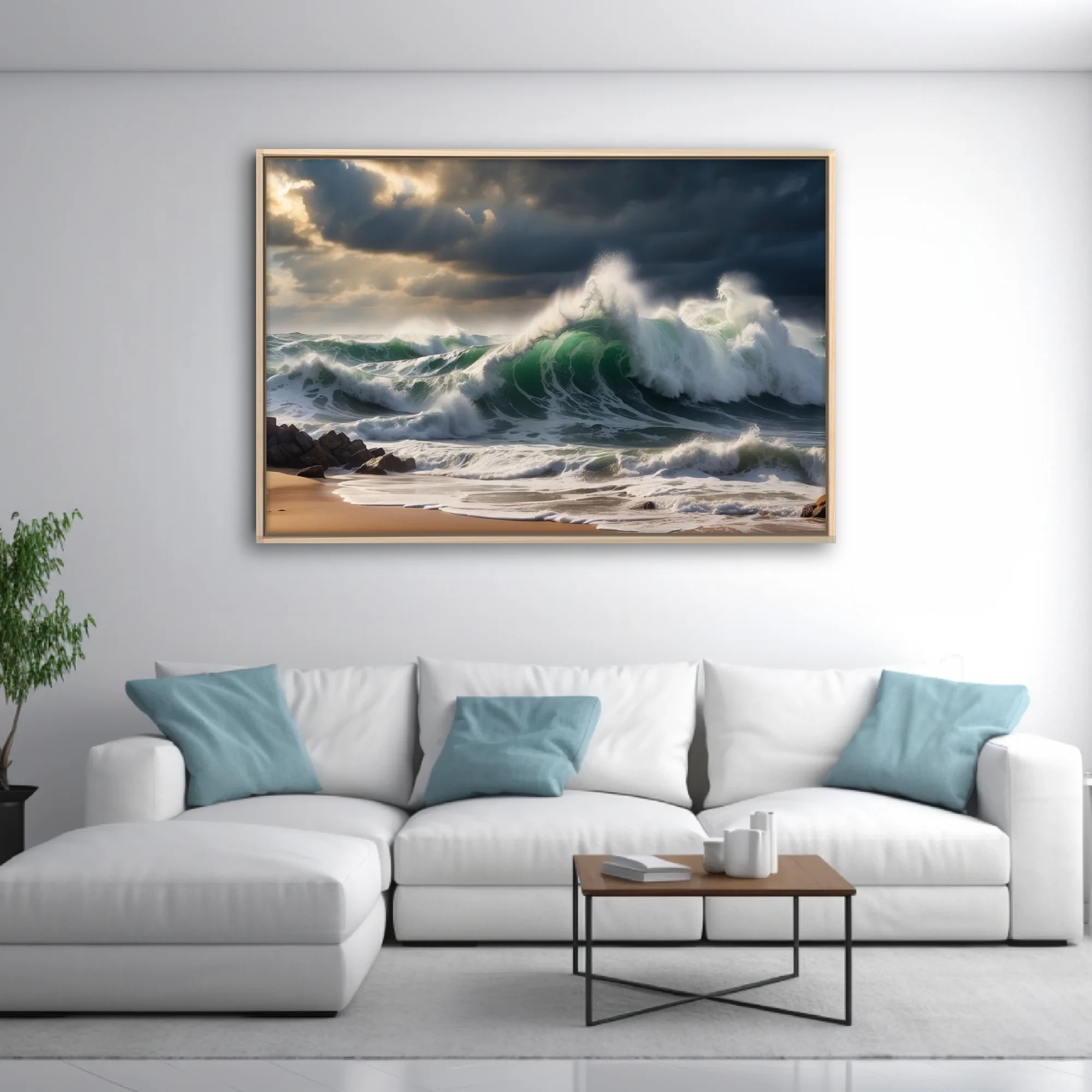 Dramatic stormy ocean waves in deep green and white crashing on sandy shore