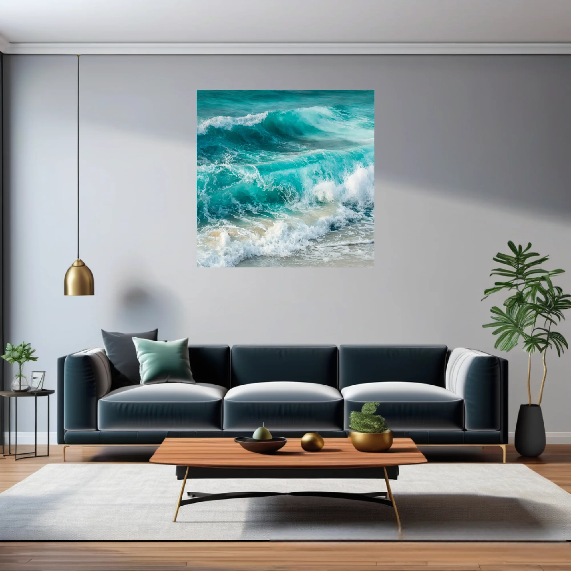 Painterly turquoise ocean waves crashing with white sea foam on sandy shore
