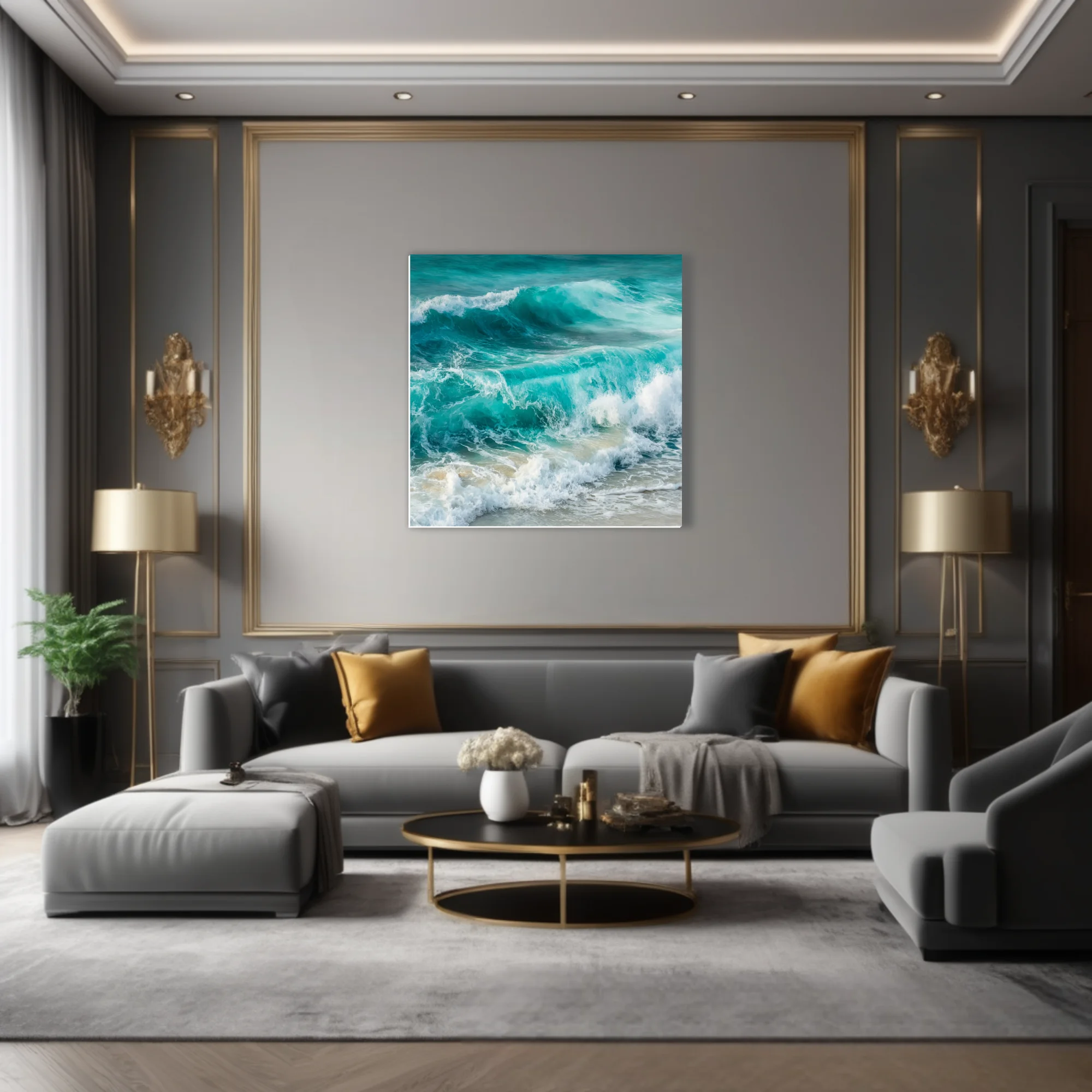 Painterly turquoise ocean waves crashing with white sea foam on sandy shore