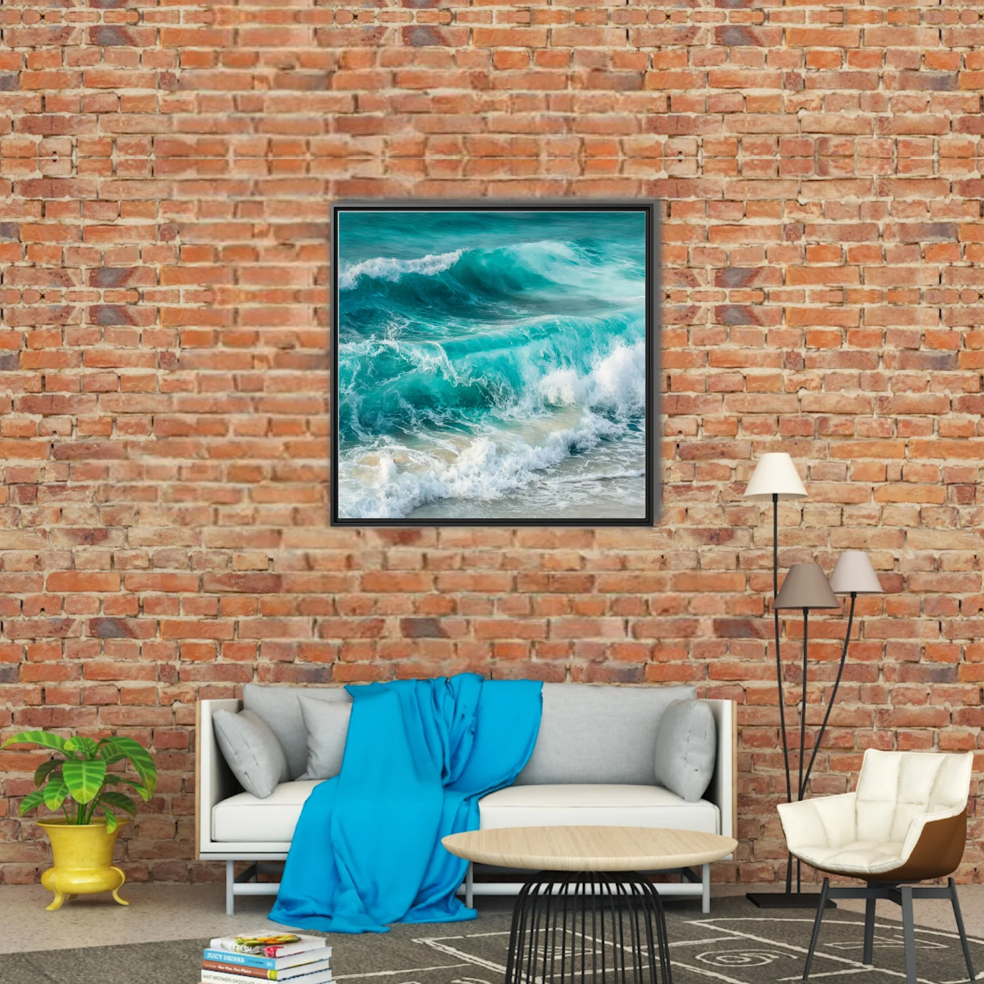 Painterly turquoise ocean waves crashing with white sea foam on sandy shore