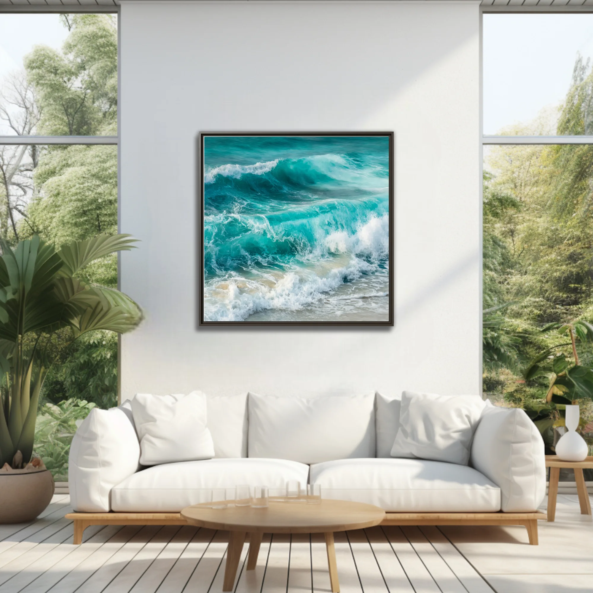 Painterly turquoise ocean waves crashing with white sea foam on sandy shore