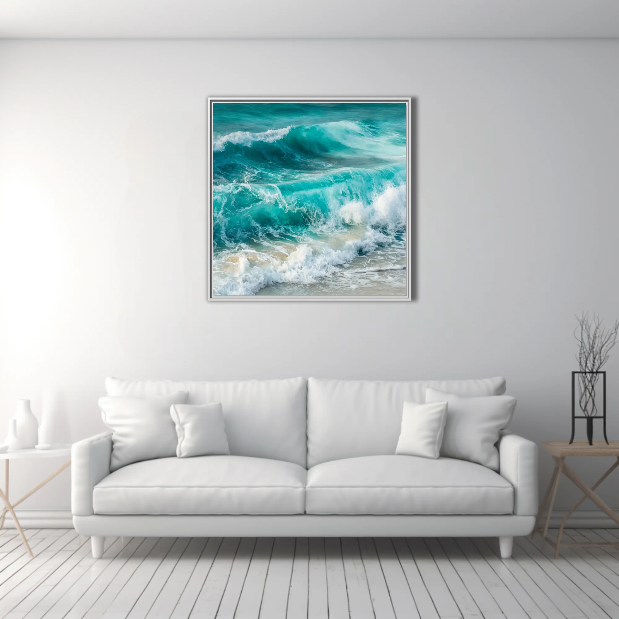 Painterly turquoise ocean waves crashing with white sea foam on sandy shore