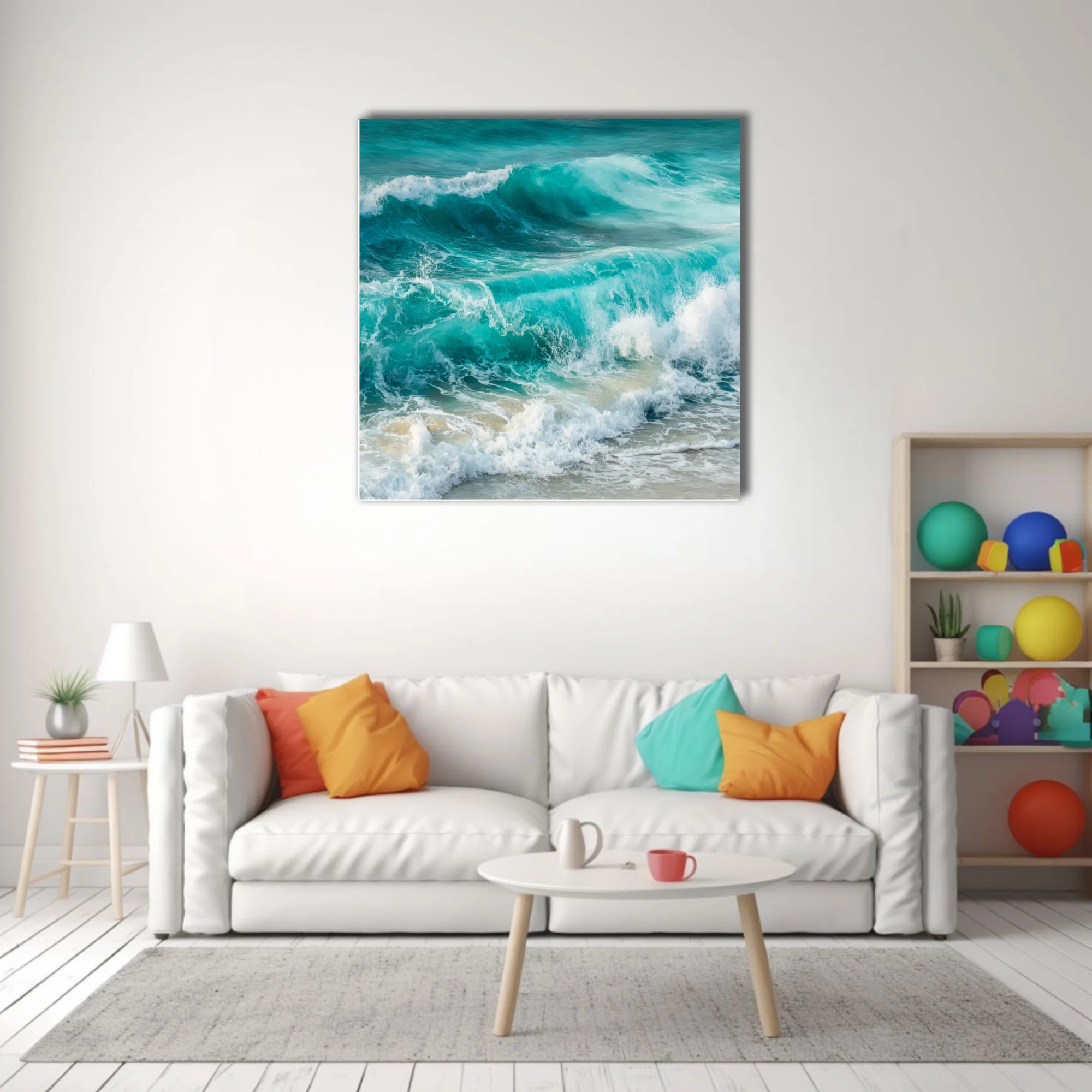 Painterly turquoise ocean waves crashing with white sea foam on sandy shore