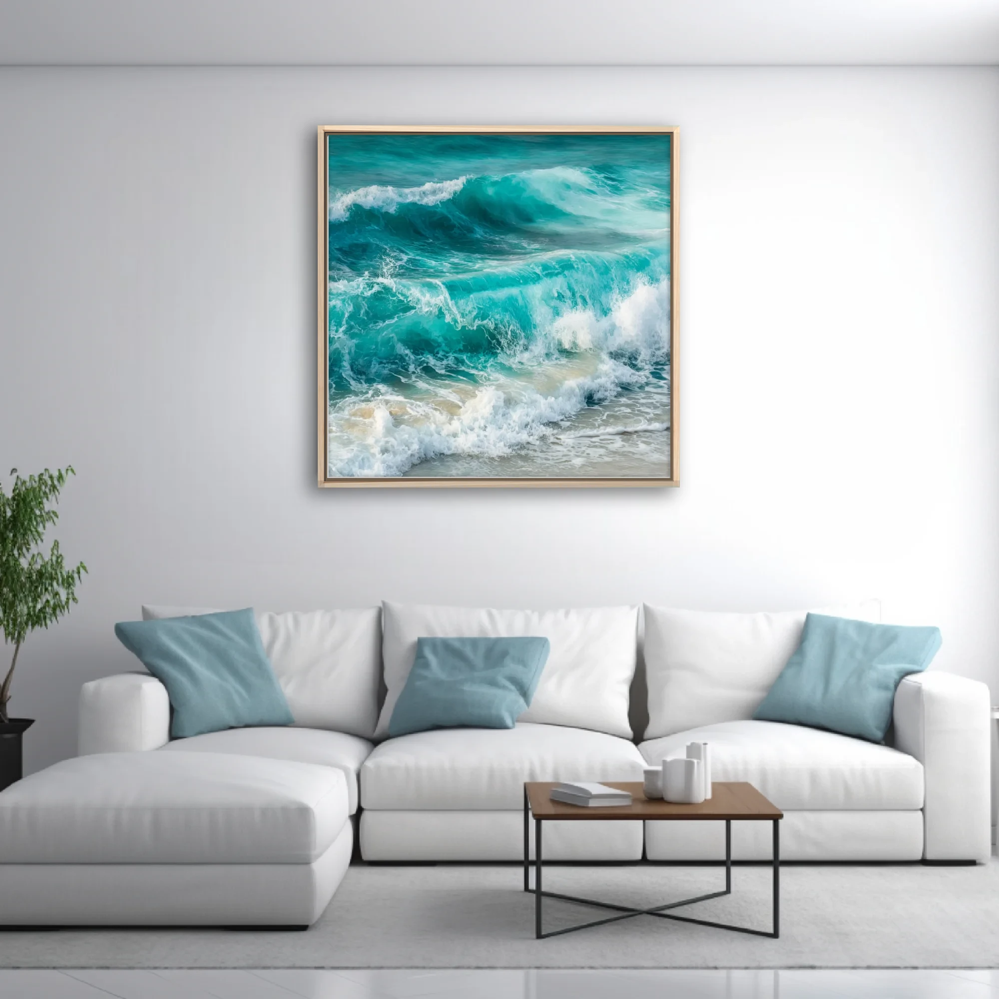 Painterly turquoise ocean waves crashing with white sea foam on sandy shore