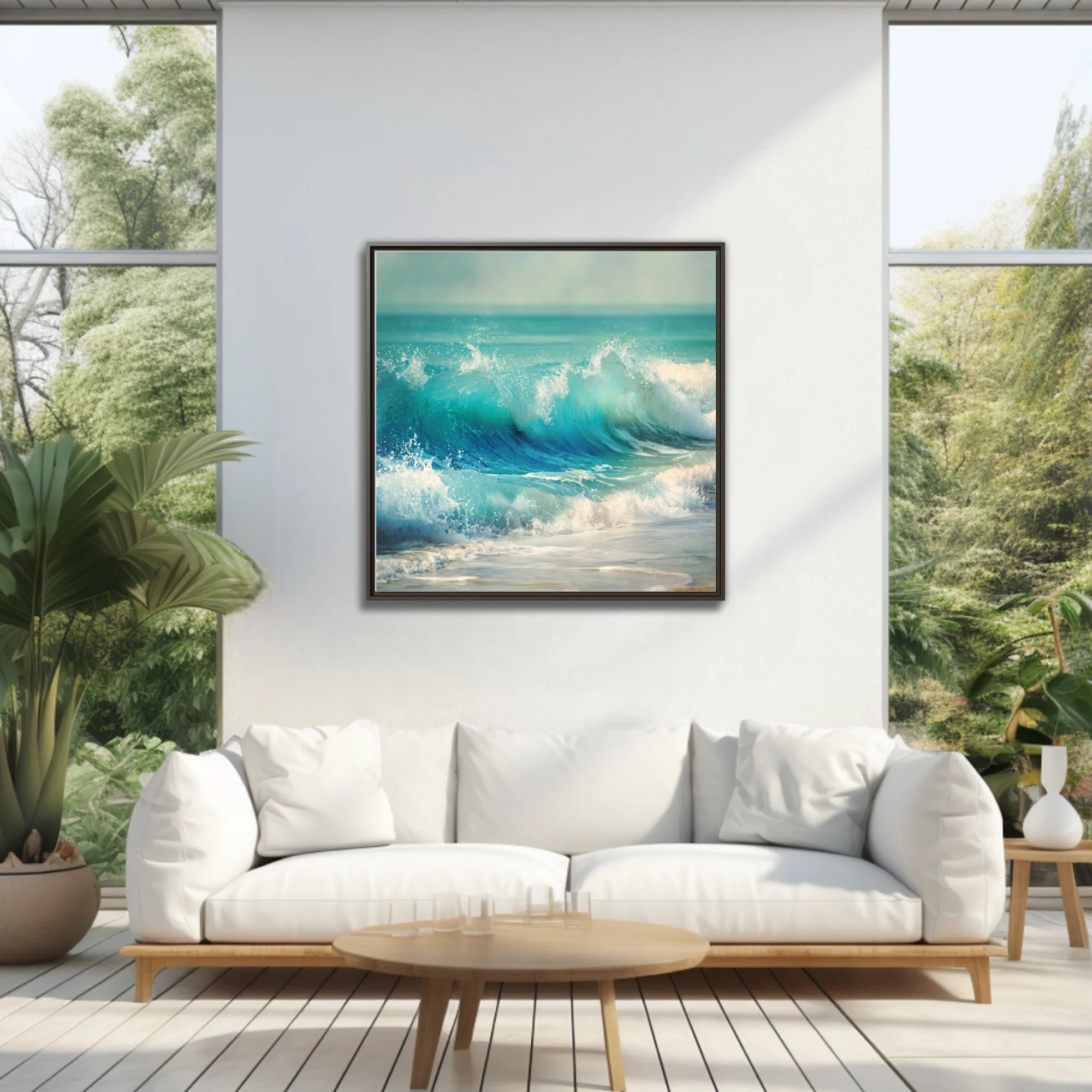 Turquoise ocean waves crashing with white foam and vivid aqua tones