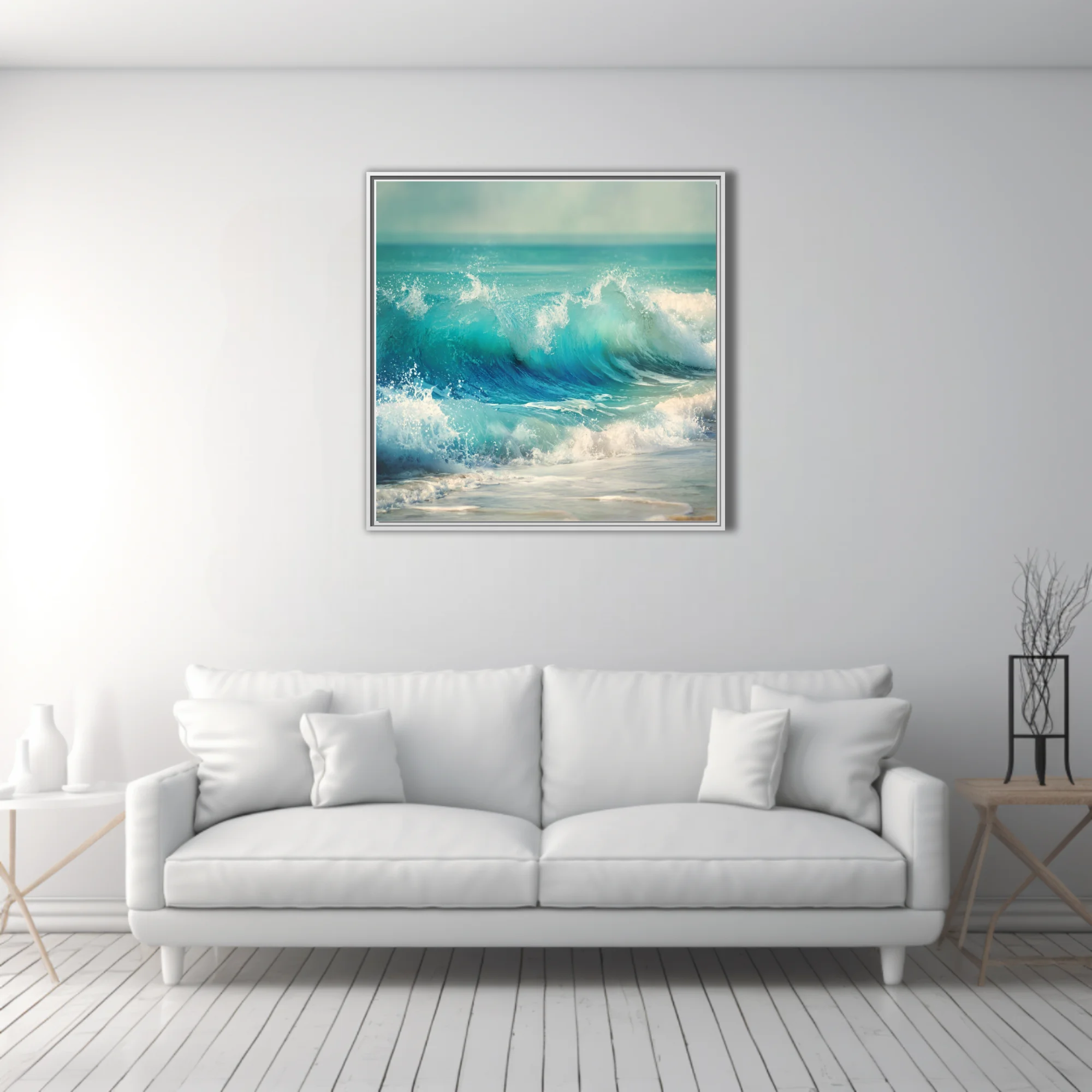 Turquoise ocean waves crashing with white foam and vivid aqua tones