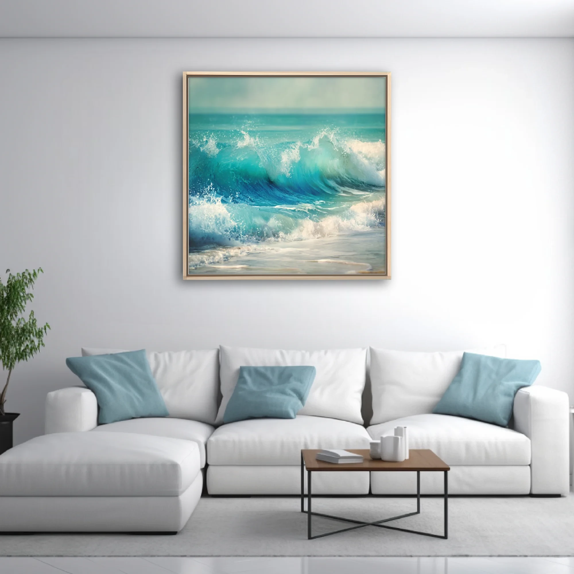 Turquoise ocean waves crashing with white foam and vivid aqua tones