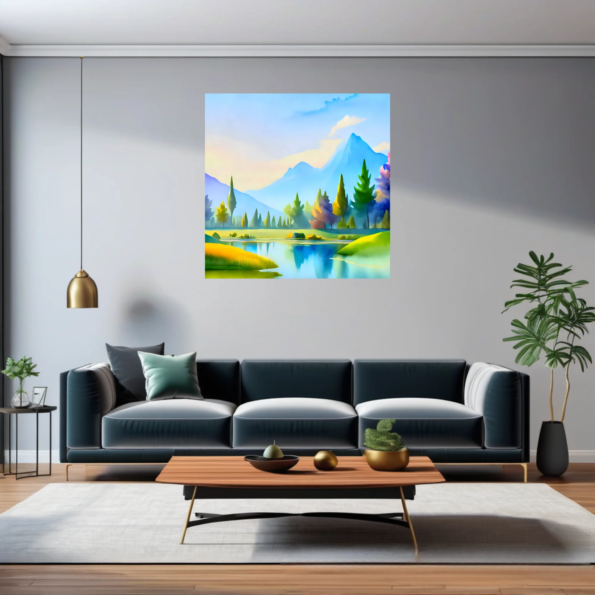 Soft-focus mountain and lake landscape in pastel blues, greens and yellows with painterly conifers