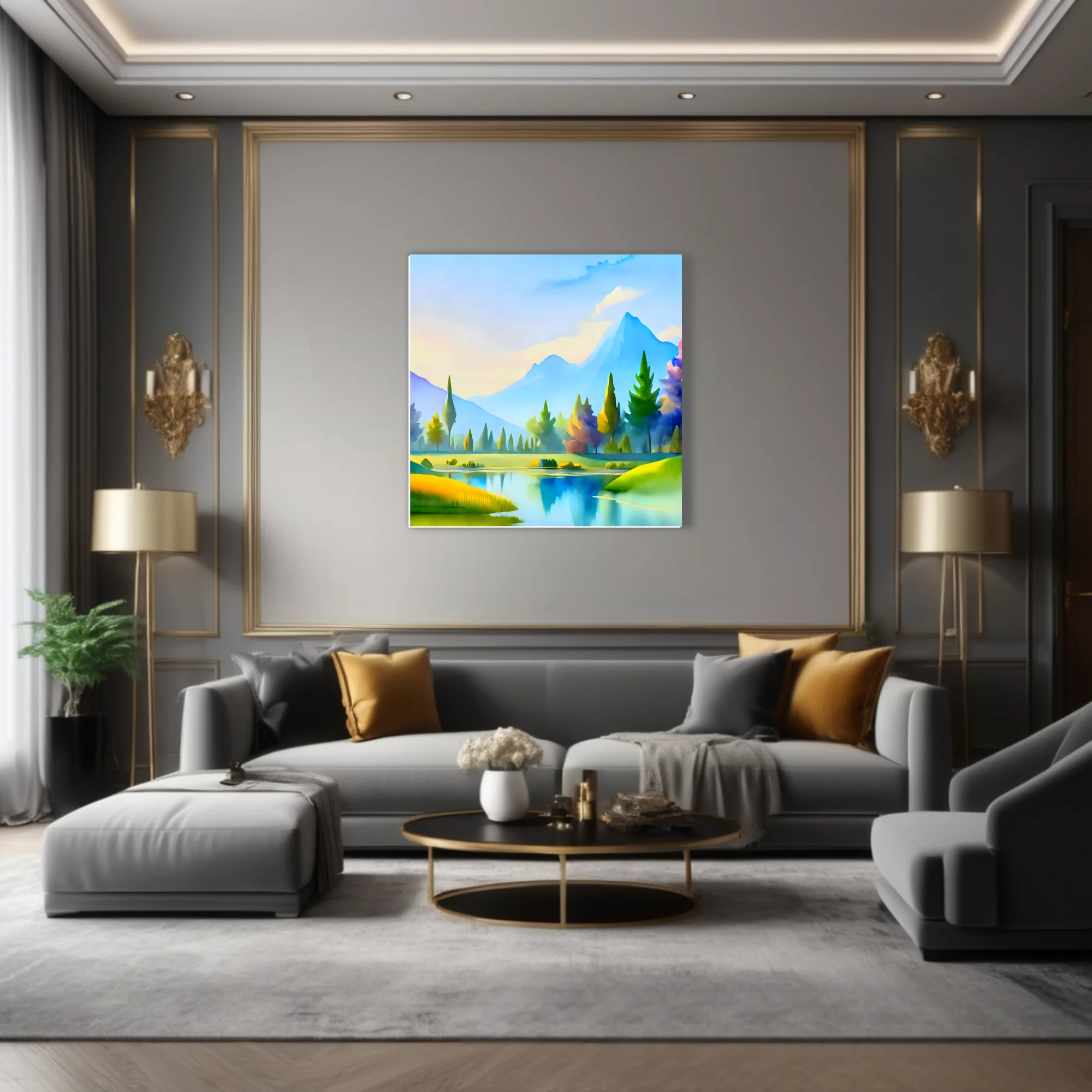Soft-focus mountain and lake landscape in pastel blues, greens and yellows with painterly conifers