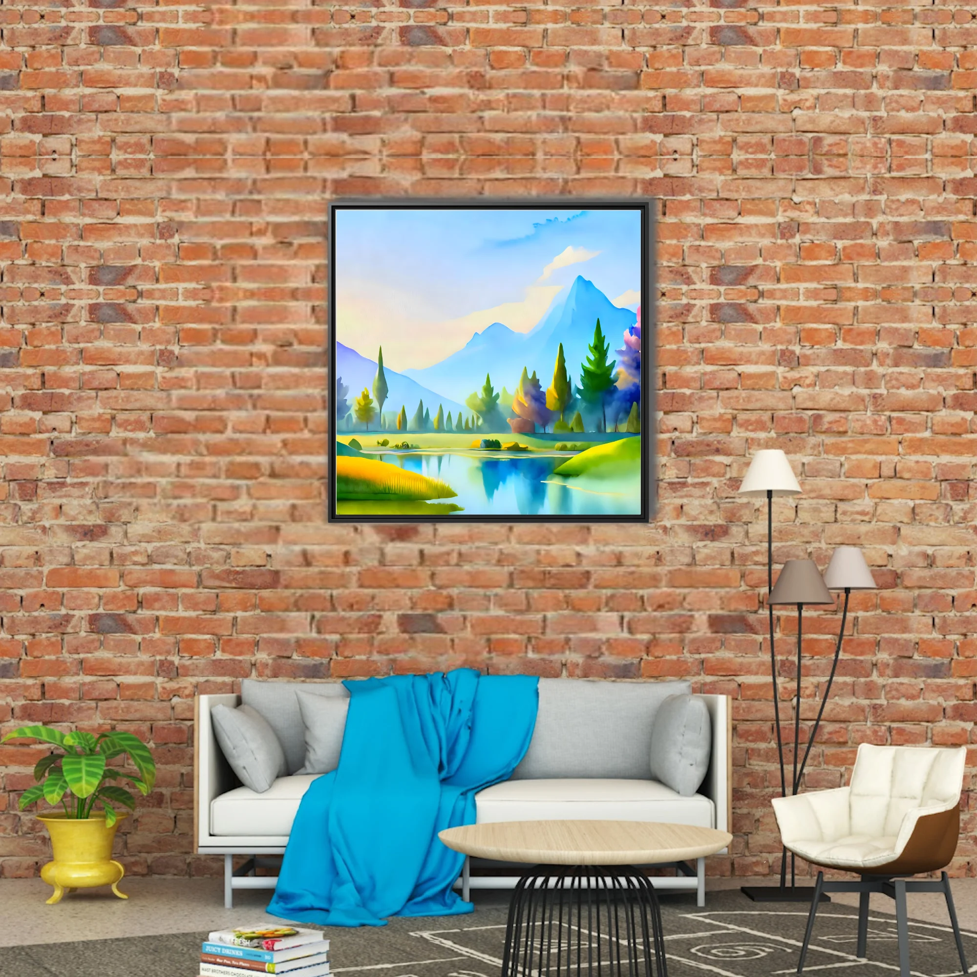 Soft-focus mountain and lake landscape in pastel blues, greens and yellows with painterly conifers