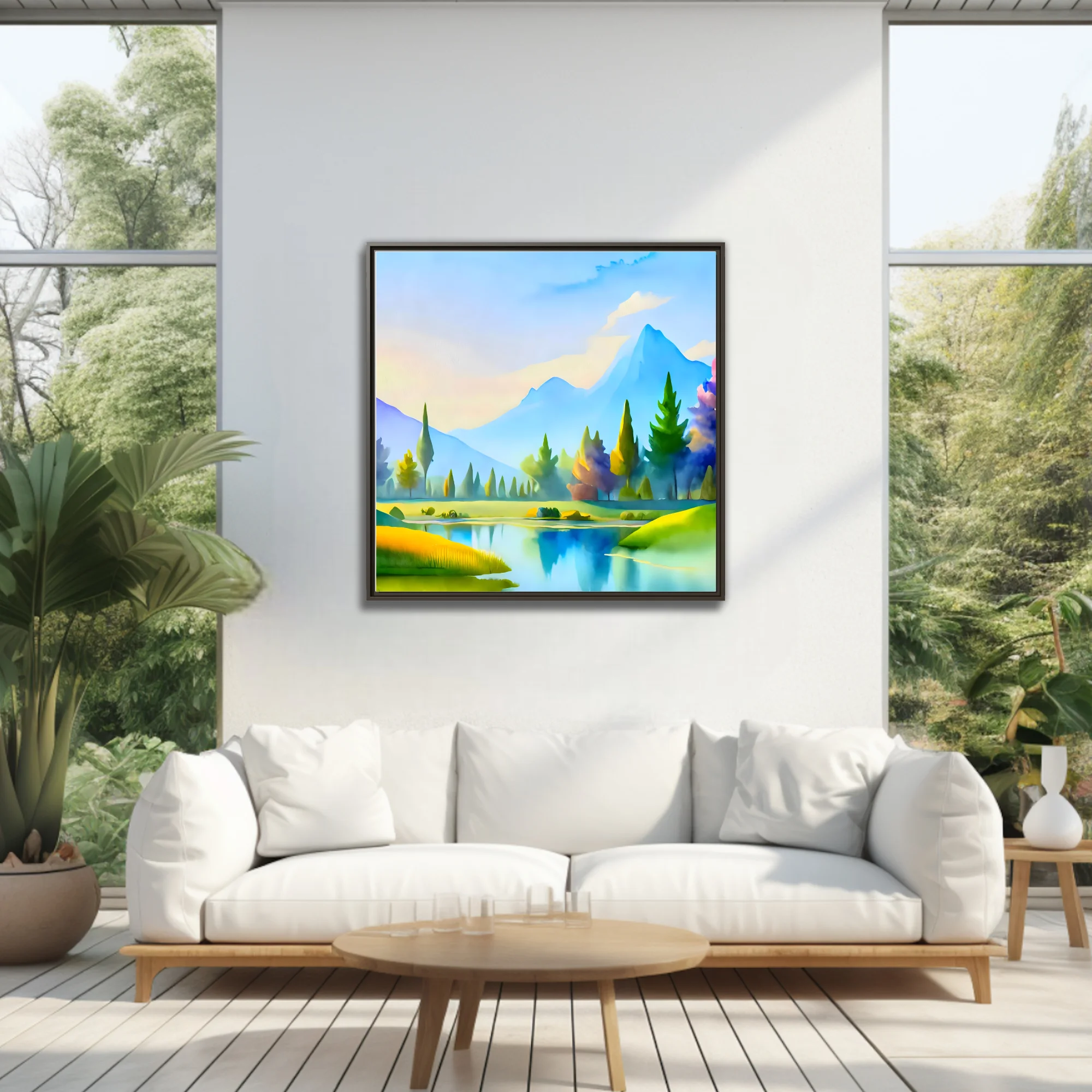 Soft-focus mountain and lake landscape in pastel blues, greens and yellows with painterly conifers