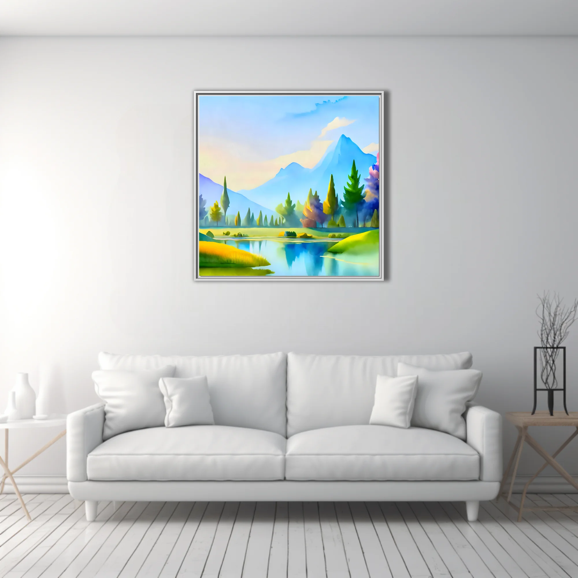 Soft-focus mountain and lake landscape in pastel blues, greens and yellows with painterly conifers