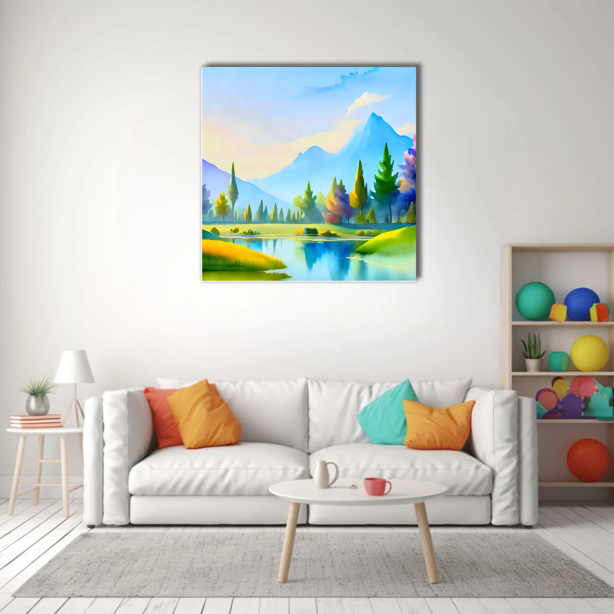 Soft-focus mountain and lake landscape in pastel blues, greens and yellows with painterly conifers