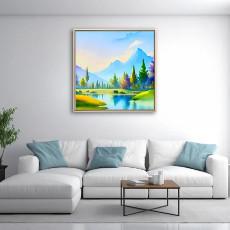 Soft-focus mountain and lake landscape in pastel blues, greens and yellows with painterly conifers